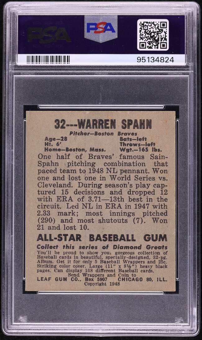 1948 Leaf Warren Spahn ROOKIE #32 PSA 4.5 VGEX+