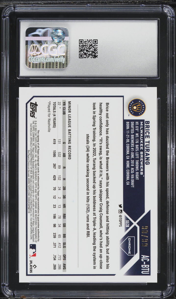 2023 Topps Chrome Update Green Refractor Brice Turang ROOKIE AUTO