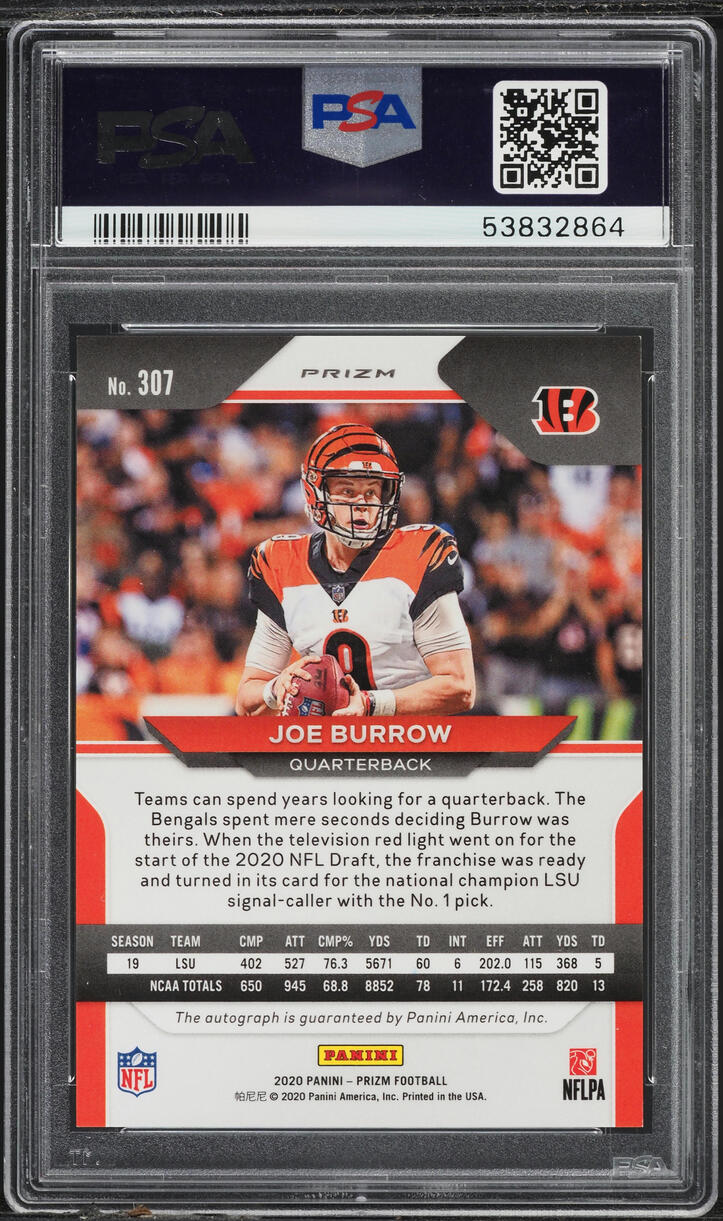 2020 Panini Prizm Silver Joe Burrow ROOKIE AUTO #307 PSA 9 MINT