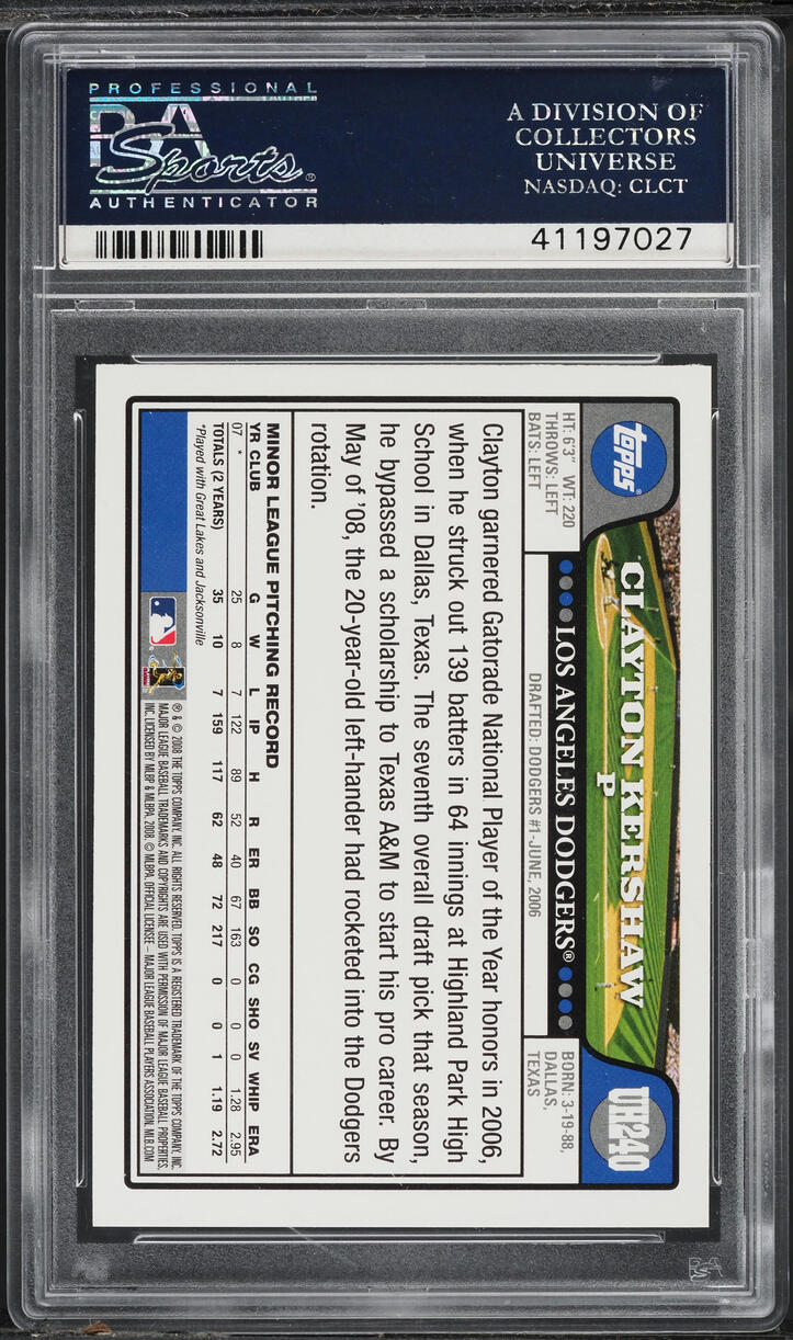 2008 Topps Update & Highlights Clayton Kershaw ROOKIE #UH240 PSA 10 GEM MINT
