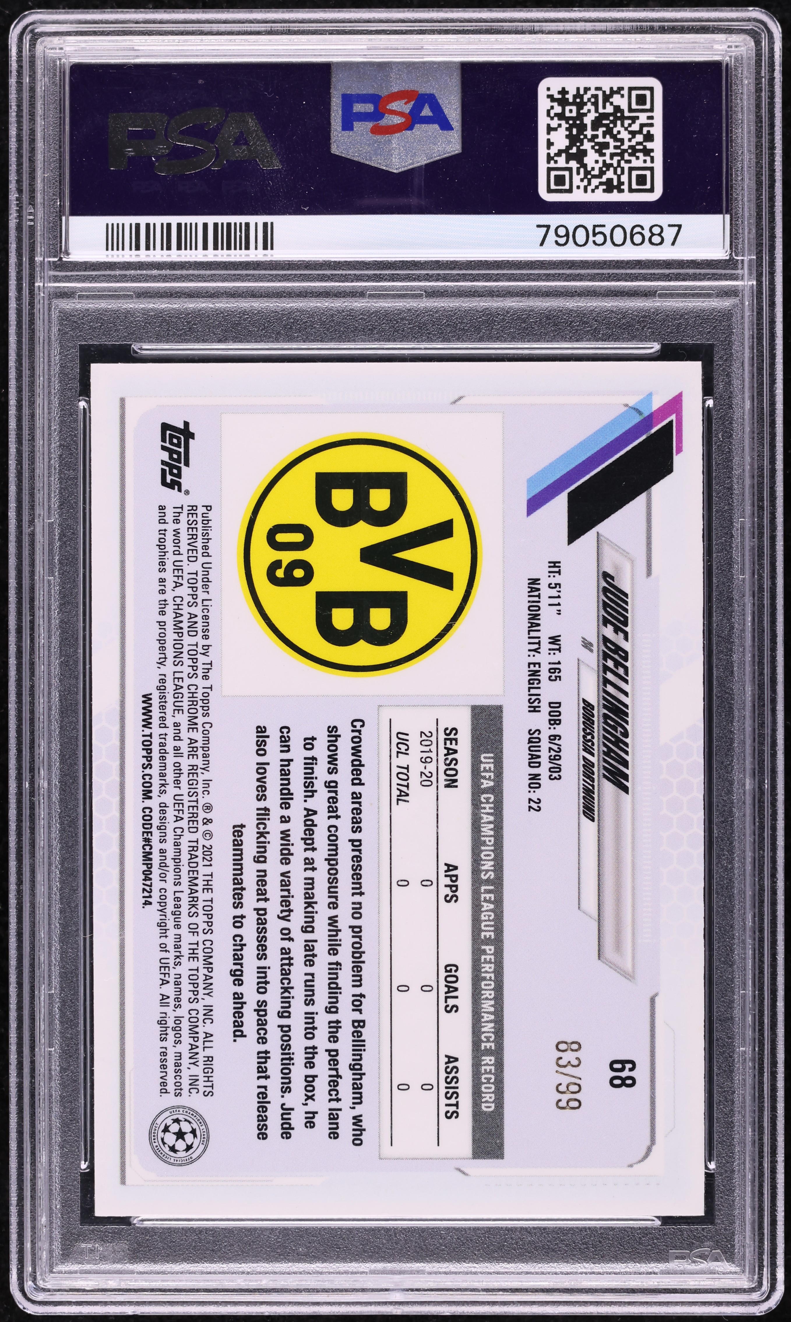 2020 Topps Chrome UEFA Sapphire Yellow Jude Bellingham ROOKIE /99