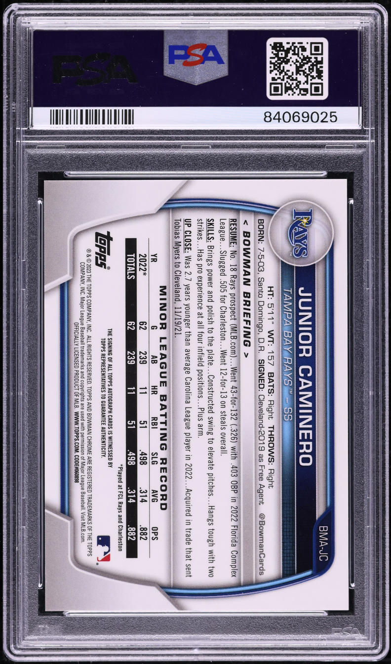 2023 Bowman Chrome Mega Box Junior Caminero PROSPECT AUTO #BMA-JC PSA 10 GEM