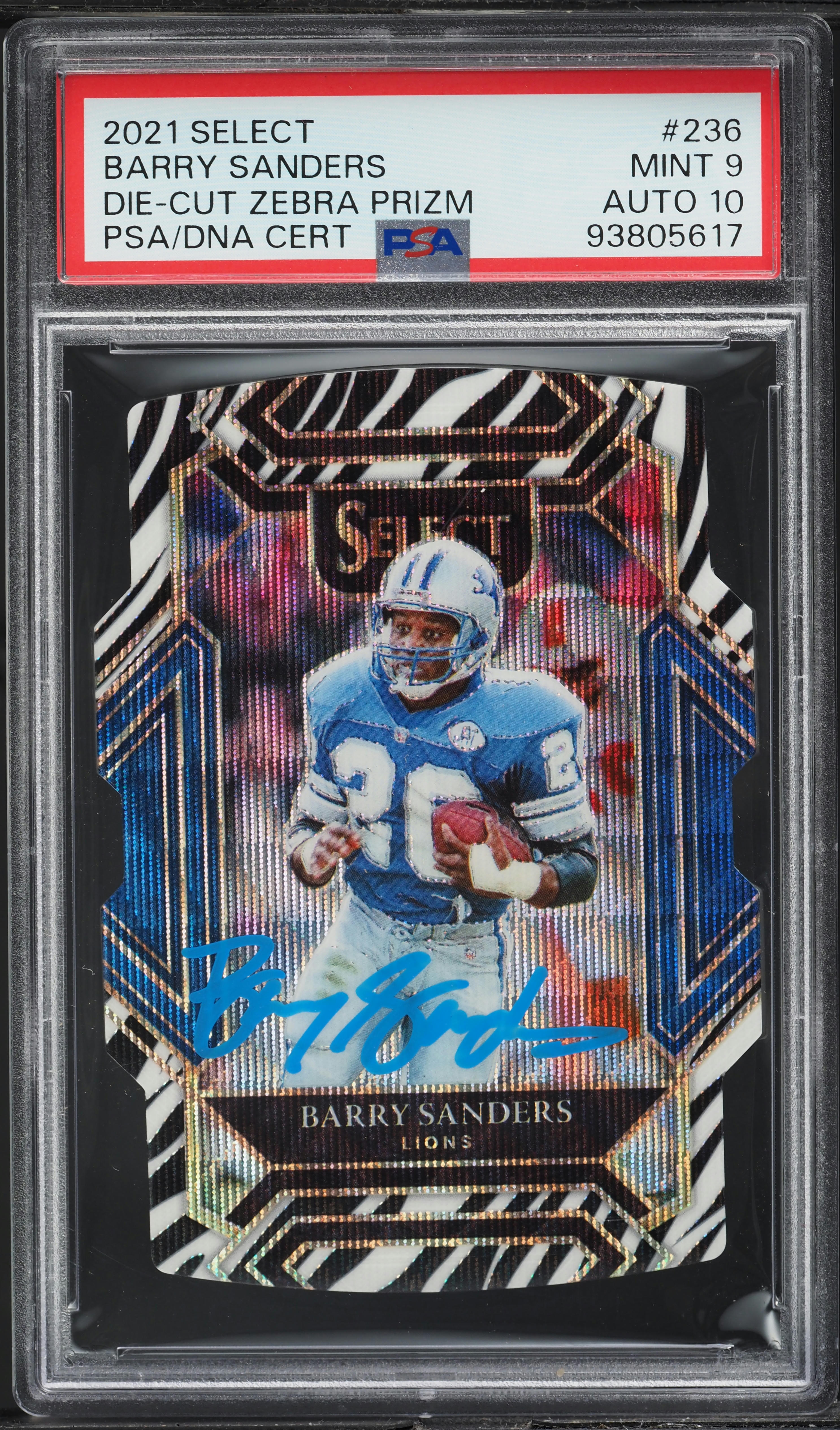 2021 Select Club Level Zebra Prizm Die-Cut Barry Sanders AUTO DNA