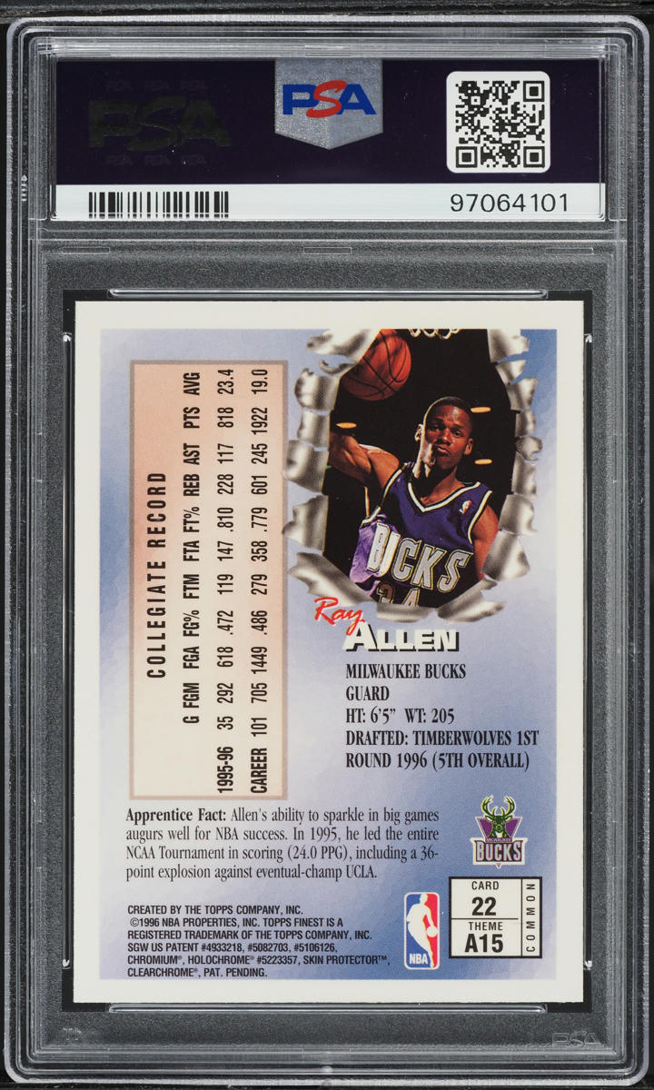 1996 Finest Basketball W/ Coating Ray Allen ROOKIE #22 PSA 7 NRMT