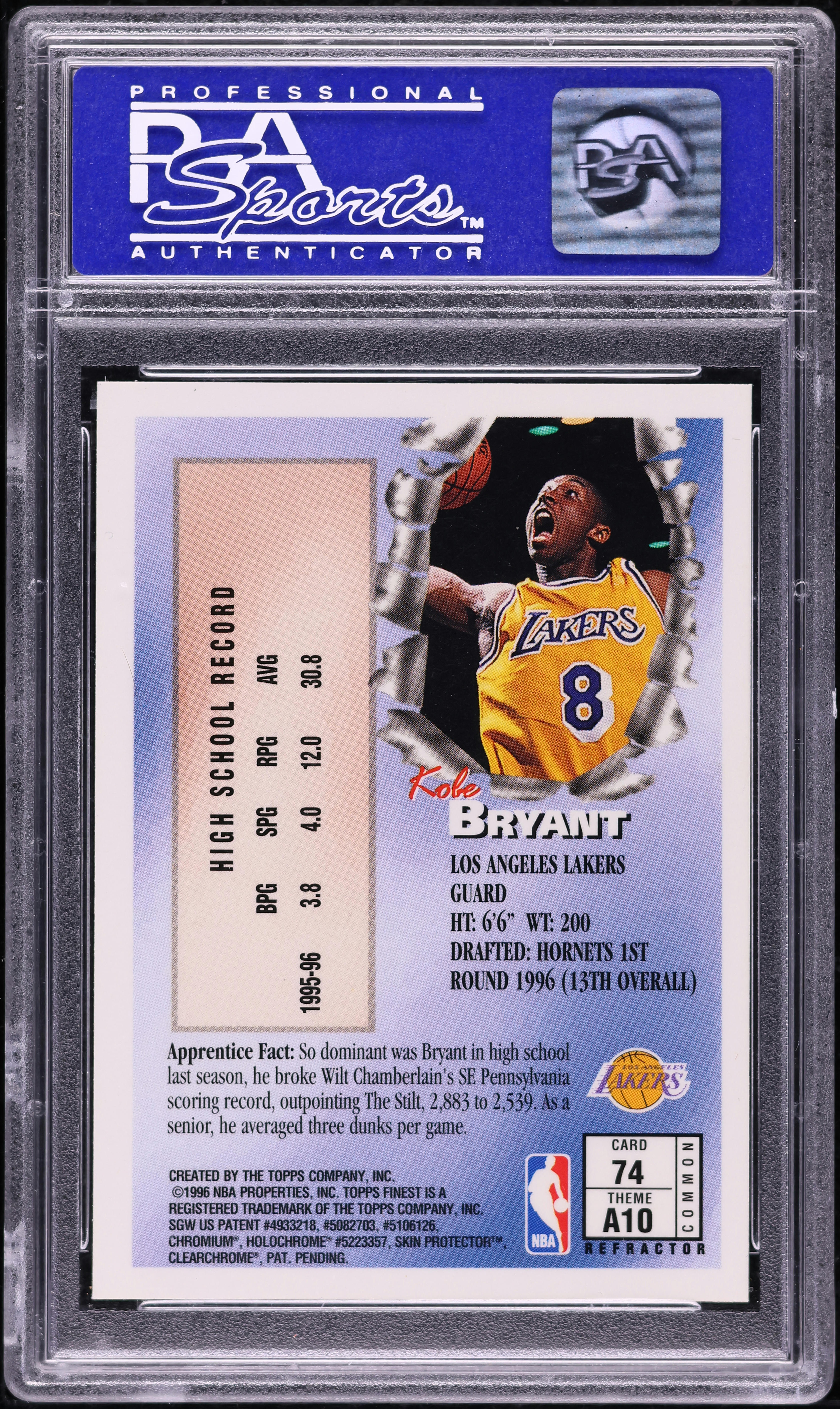 【PSA 9】1996 コービー・ブライアント #74 with coating 1996 Finest Refractor w/ Coating Kobe Bryant ROOKIE #74 PSA 9 MINT