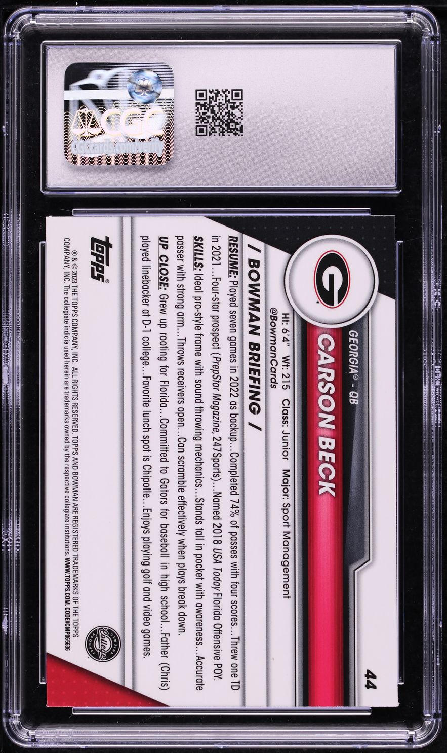 2023 Bowman Chrome University Carson Beck ROOKIE #44 CGC 9 MINT