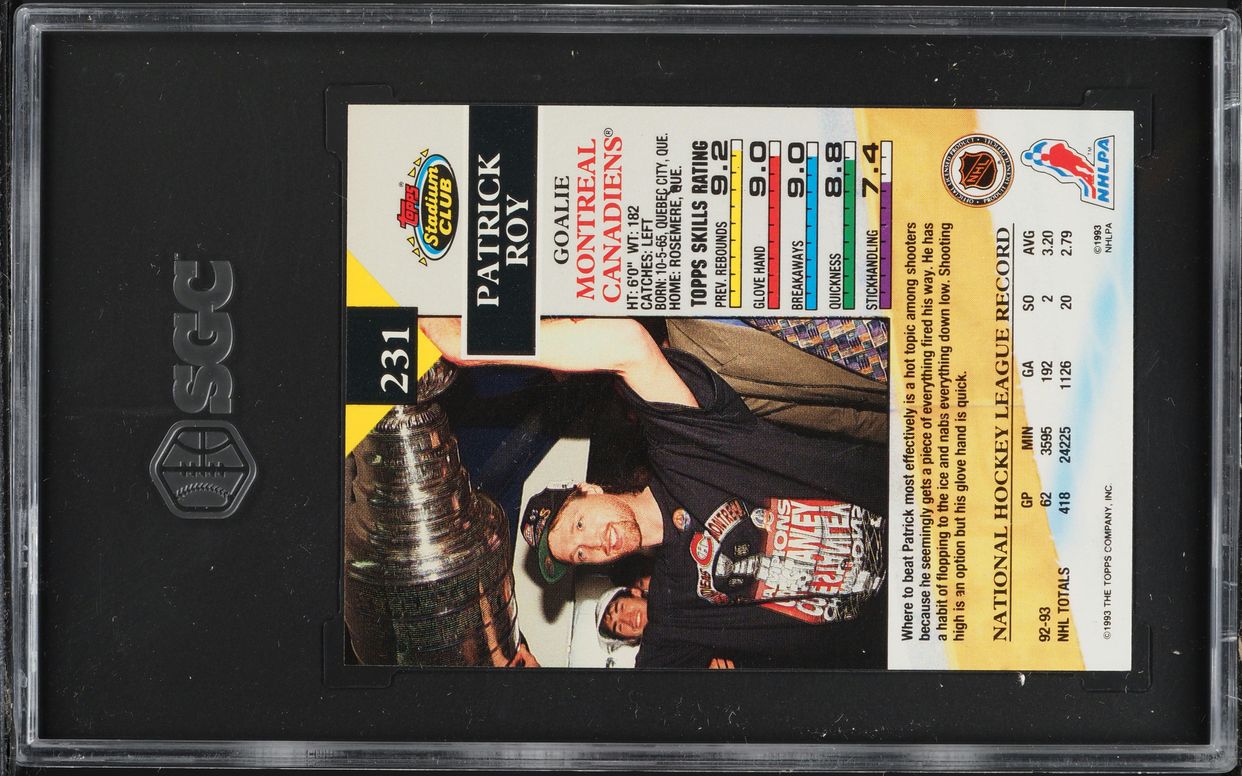 1993 Stadium Club Hockey Patrick Roy #231 SGC 9 MINT