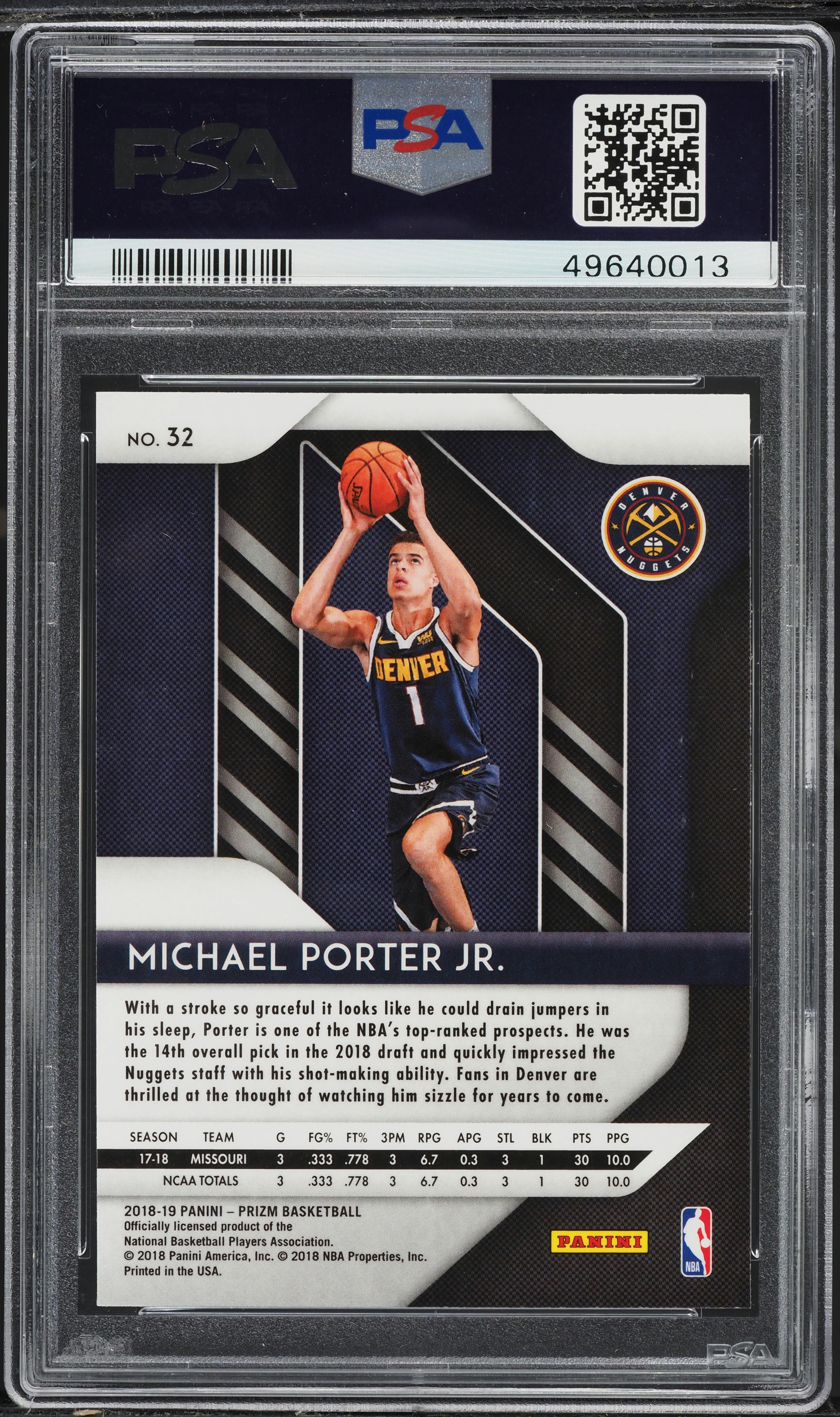 2018 Panini Prizm Michael Porter Jr. ROOKIE #32 PSA 9 MINT on