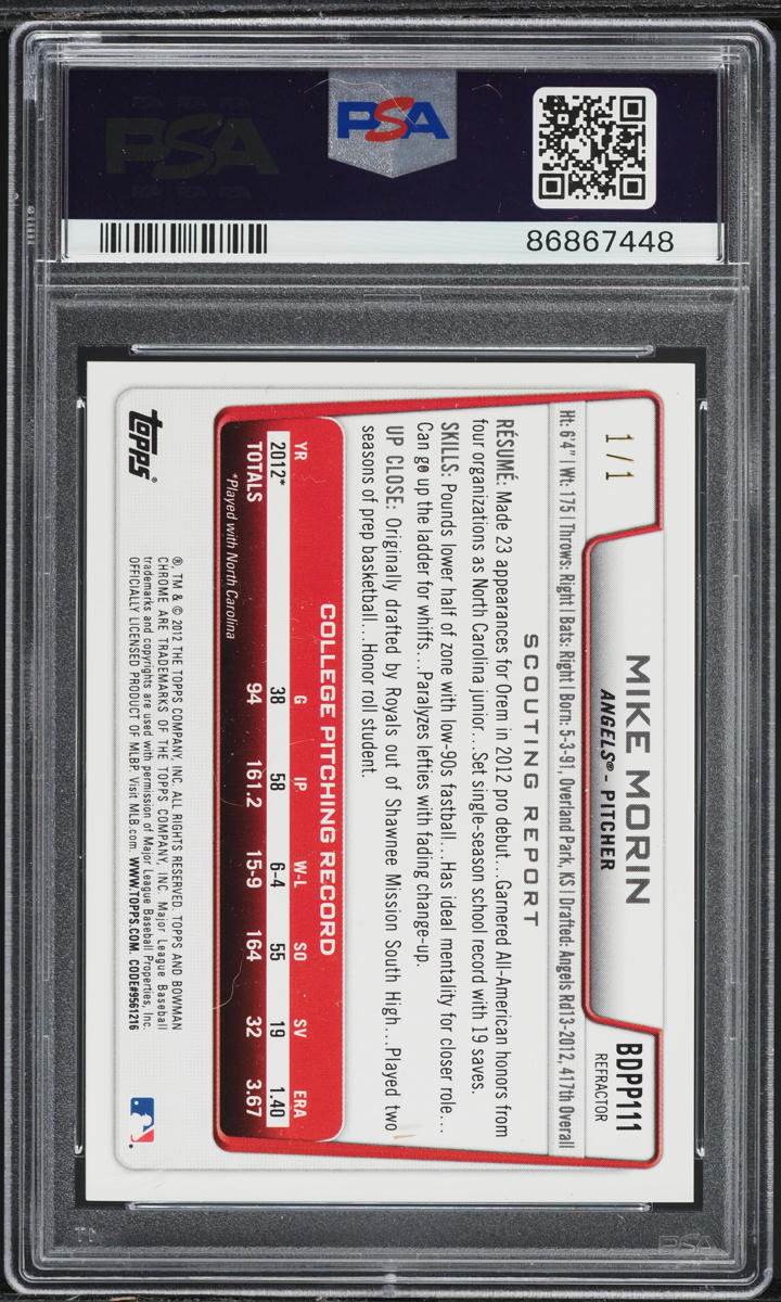 2012 Bowman Chrome Draft Picks Superfractor Mike Morin PROSPECT 1/1 #BDPP111 PSA 9 MINT