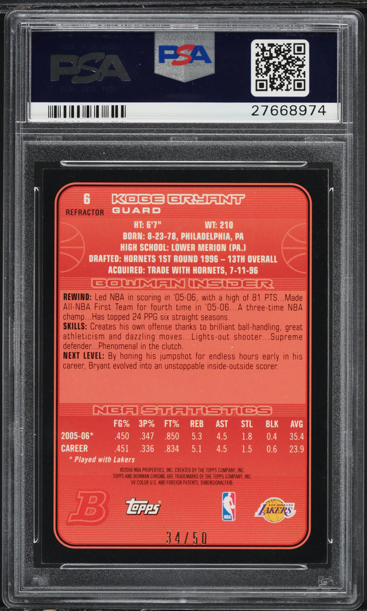 2006 Bowman Chrome Gold Refractor Kobe Bryant /50 #6 PSA 10 GEM MINT