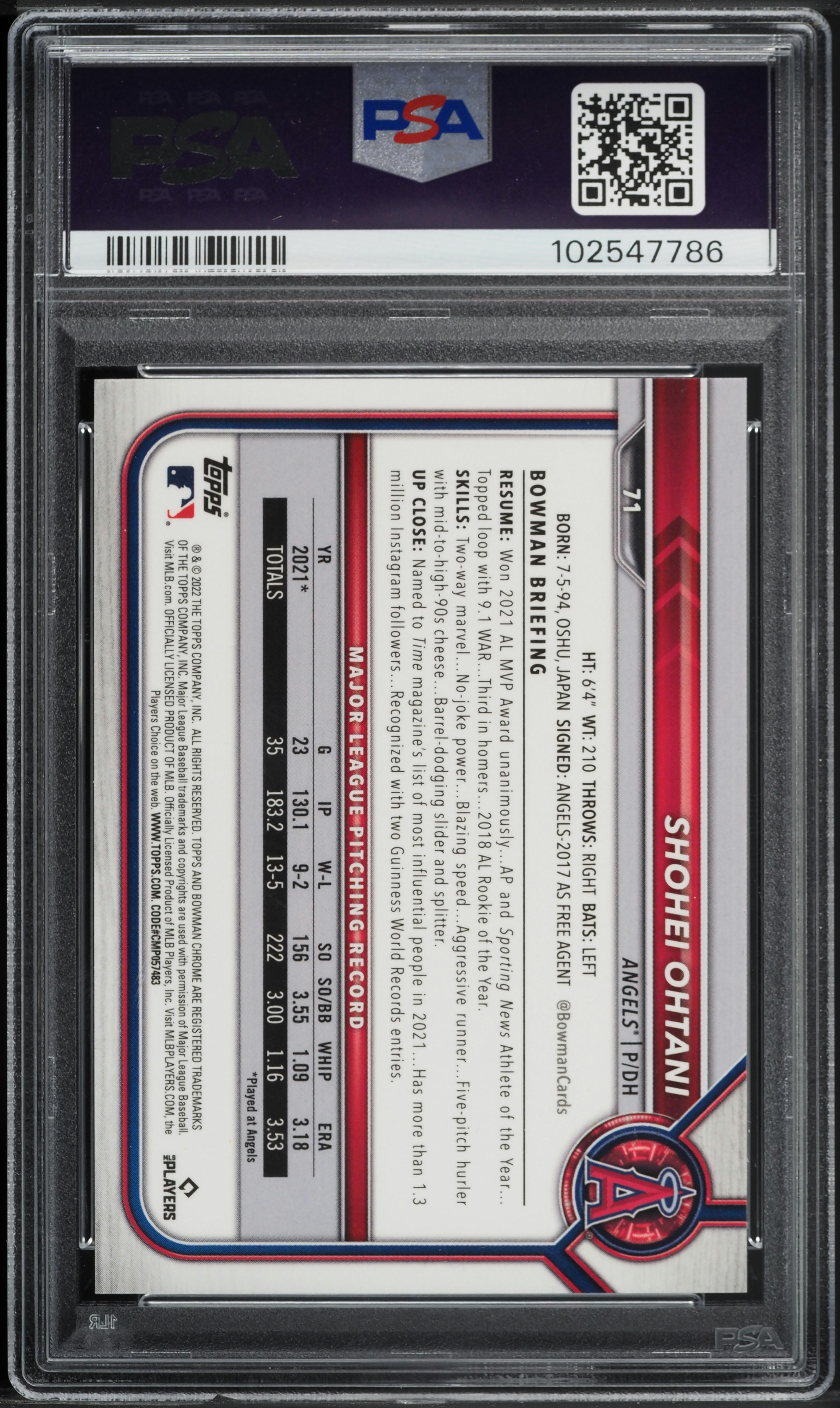 2022 Bowman Chrome Sapphire Orange Refractor Shohei Ohtani /75 #71