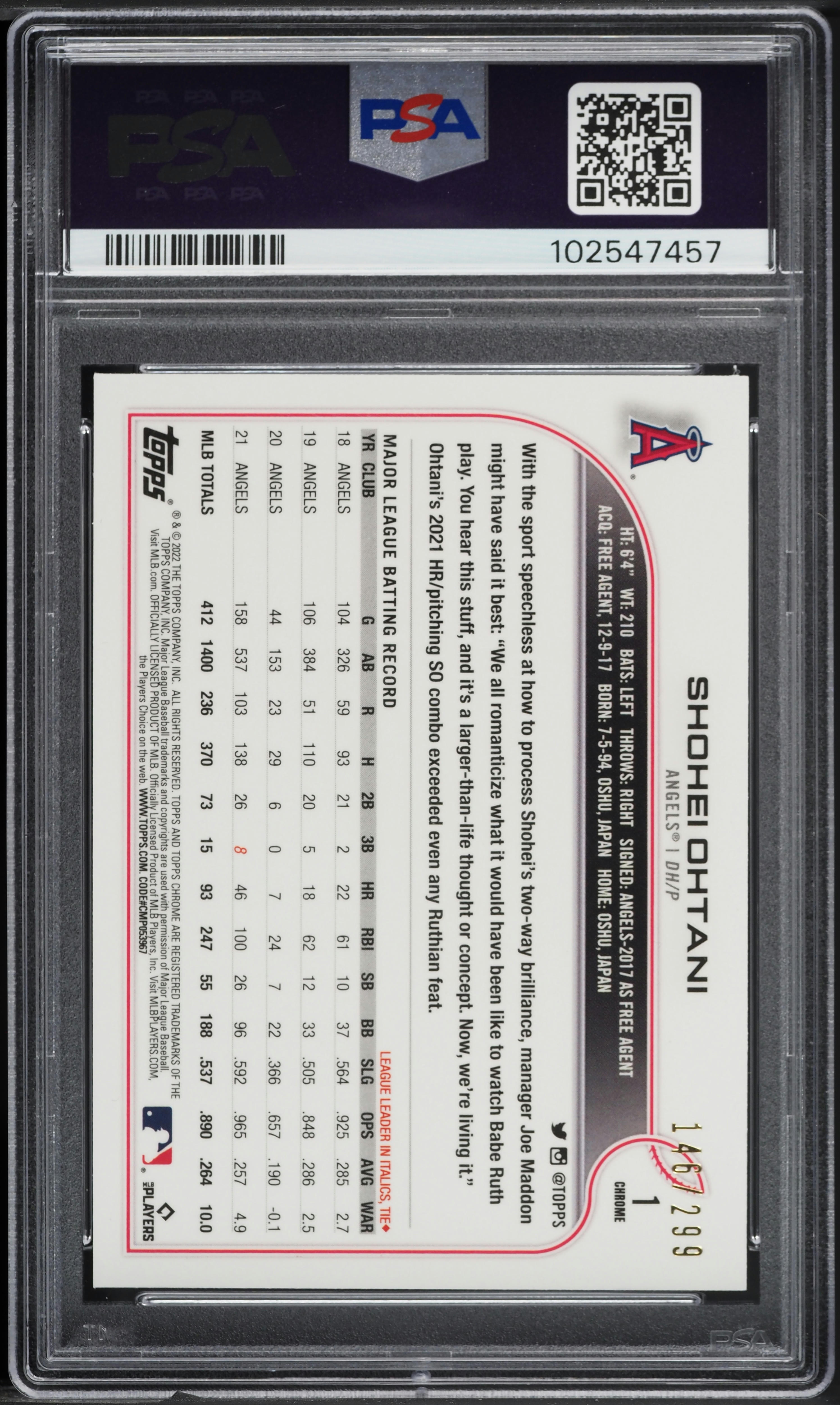 2022 Topps Chrome Purple Speckle Refractor Shohei Ohtani /299 #1