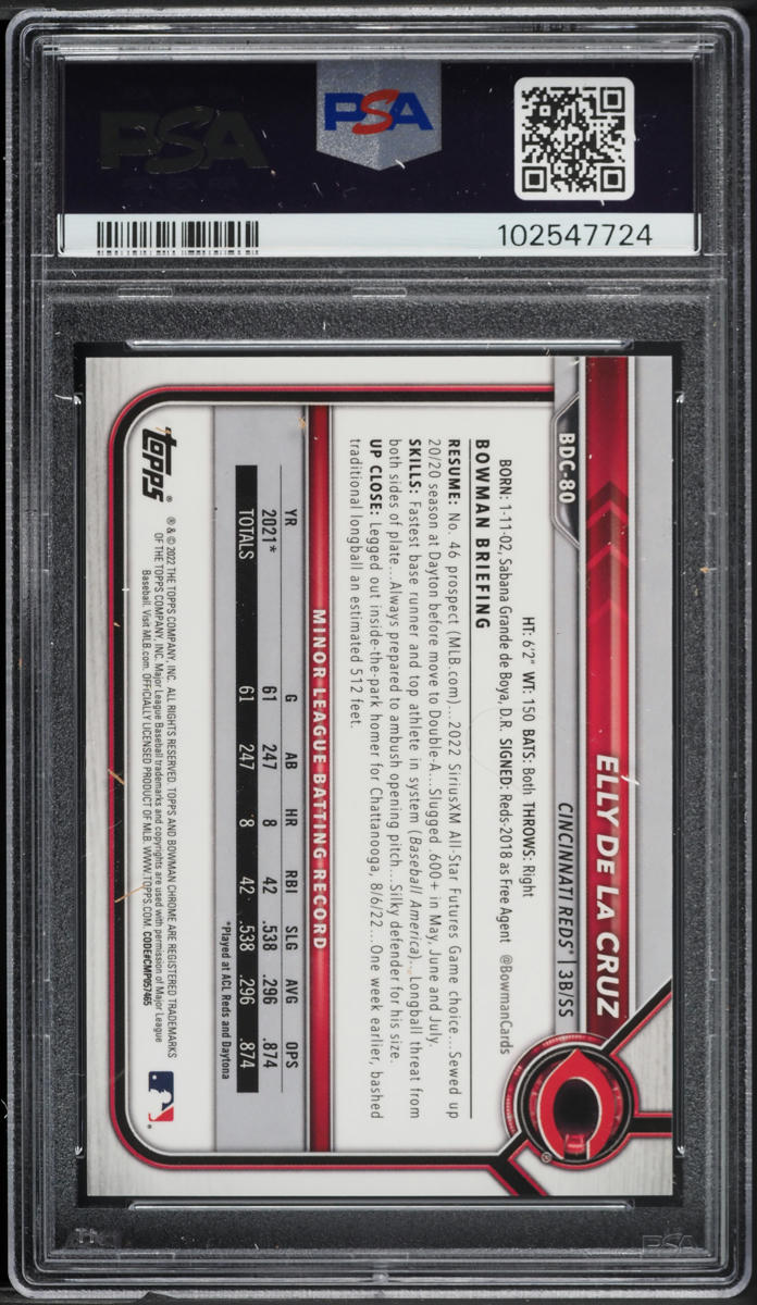 2022 Bowman Chrome Sapphire Green Refractor Elly De La Cruz PROSPECT /50 PSA 9