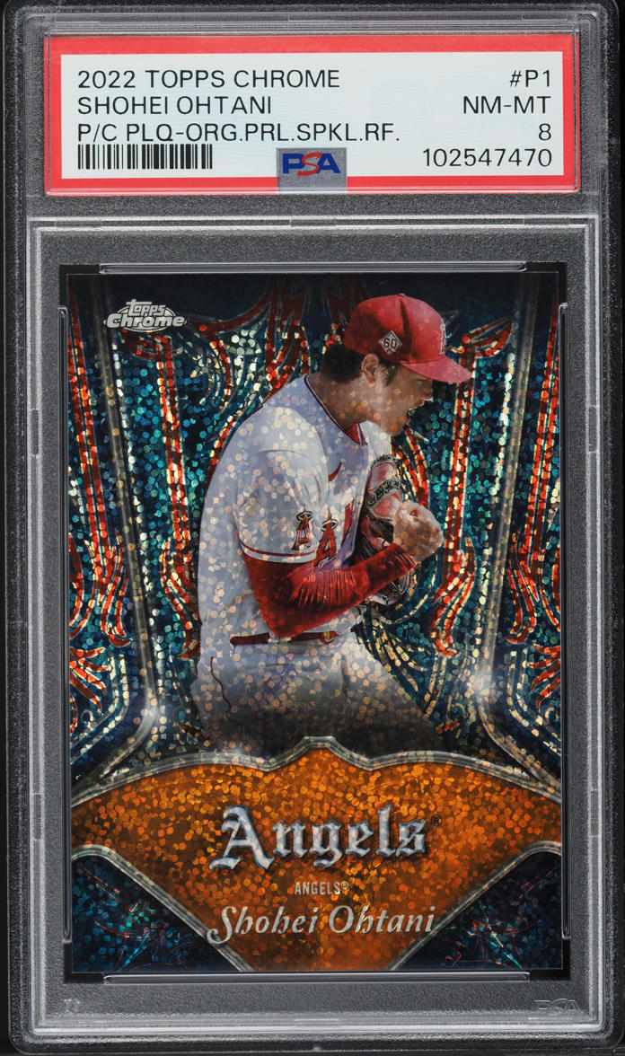 2022 Topps Chrome Pinstriped Club Plaque Orange Speckle Shohei Ohtani 1/25 PSA 8