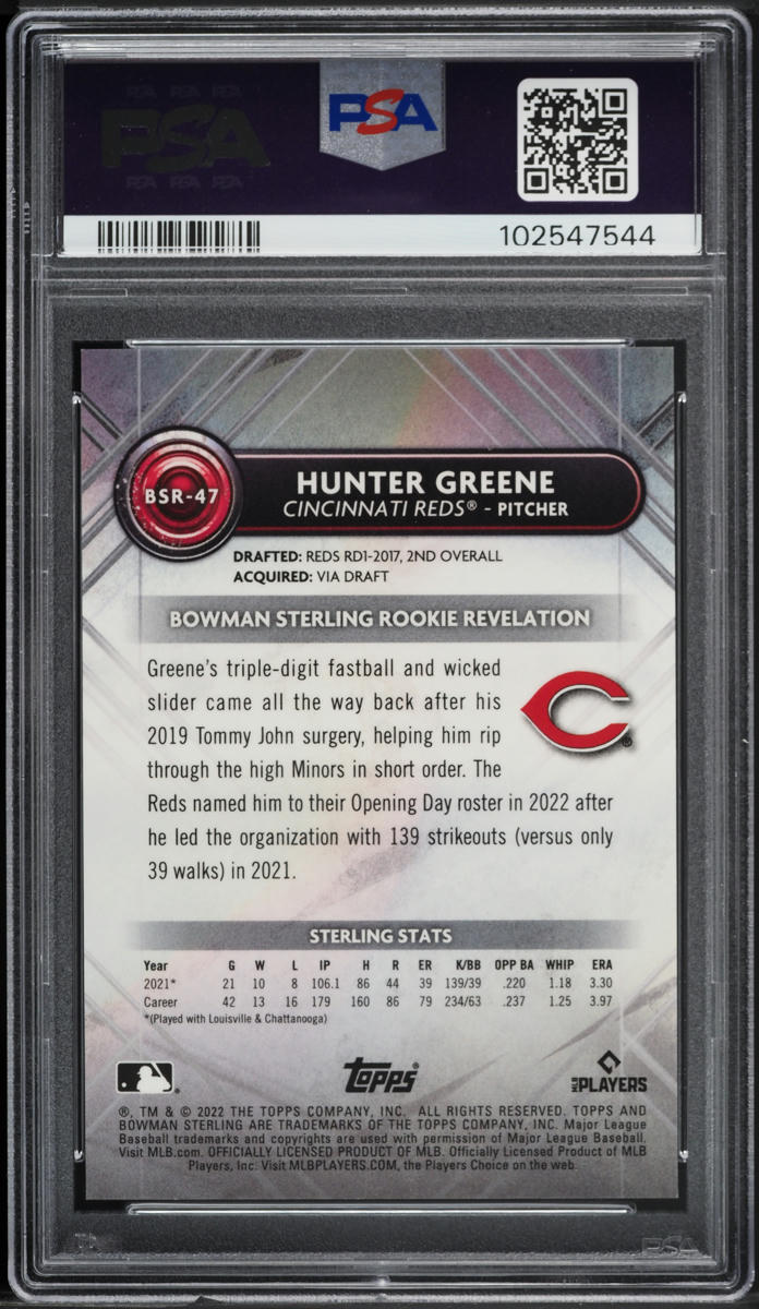 2022 Bowman Sterling Red Refractor Hunter Greene ROOKIE 1/5 #BSR-47 PSA 10 GEM