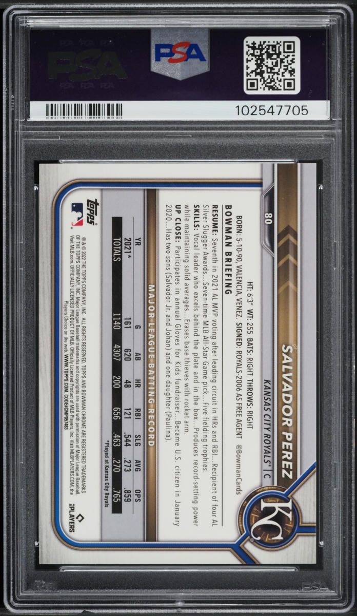 2022 Bowman Chrome Sapphire Red Refractor Salvador Perez 5/5 #80 PSA 10 GEM MINT