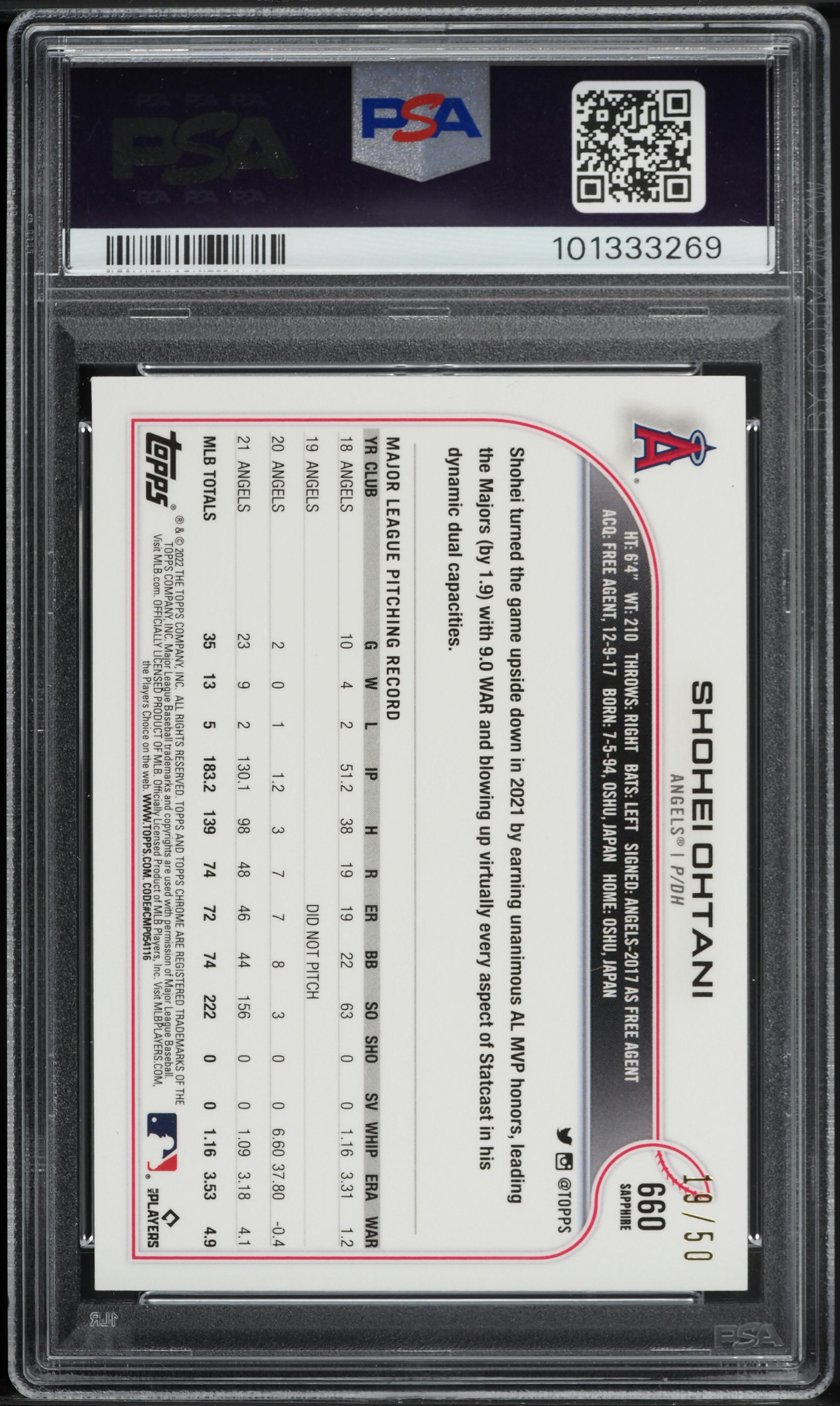 2022 Topps Chrome Sapphire Edition Gold Shohei Ohtani /50 #660 PSA