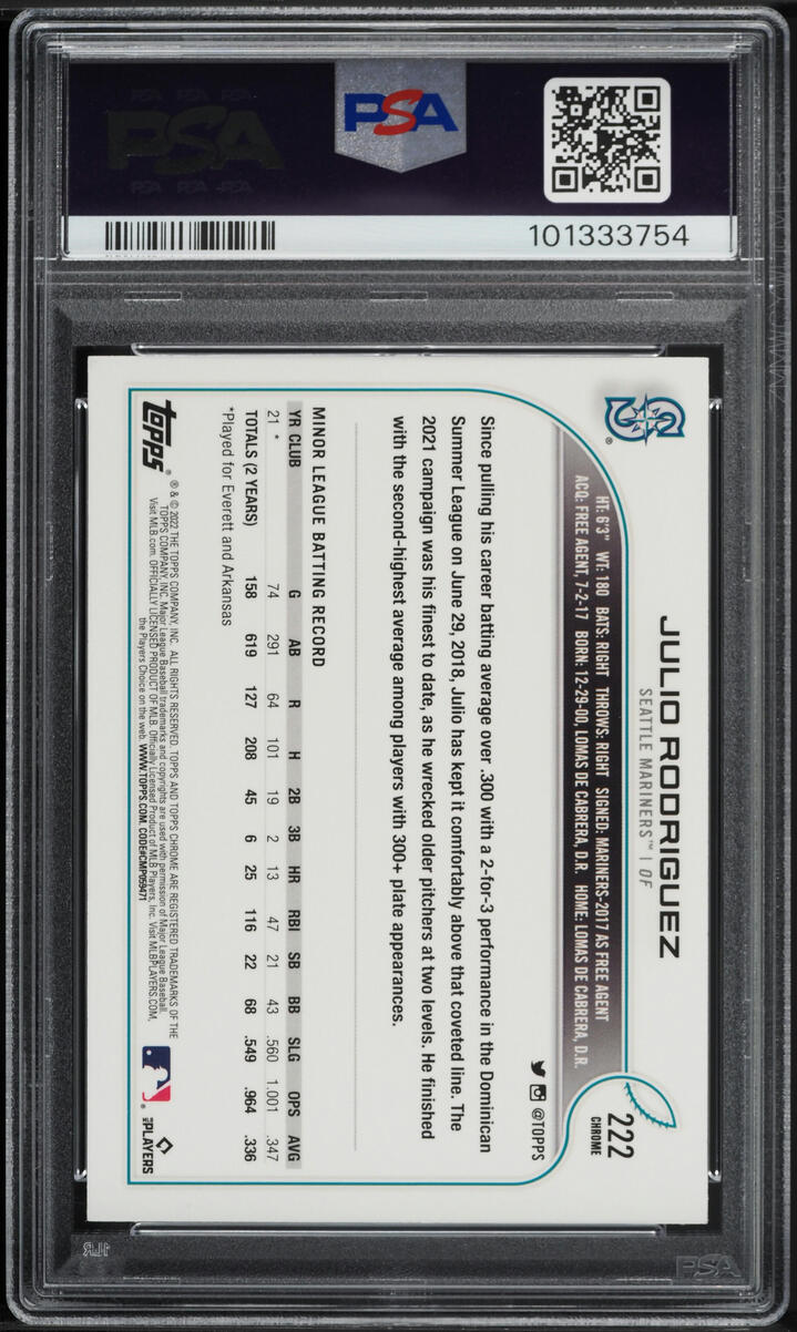 2022 Topps Chrome Sonic SP Julio Rodriguez ROOKIE #222 PSA 9 MINT
