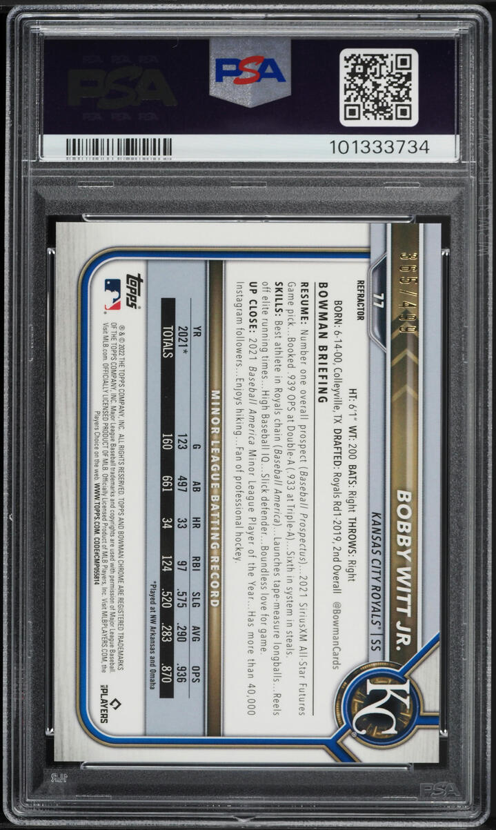 2022 Bowman Chrome Refractor Bobby Witt Jr. ROOKIE /499 #77 PSA 9 MINT