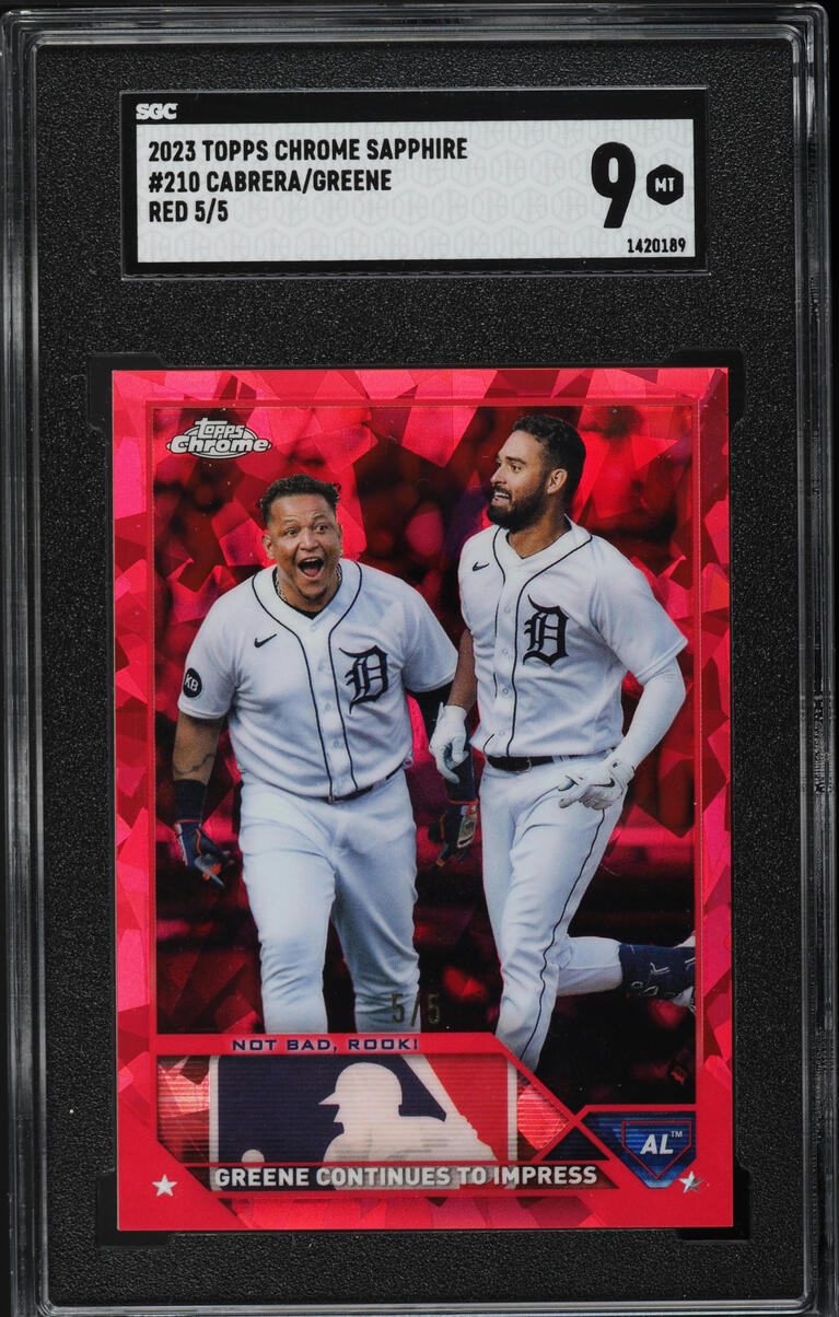 2023 Topps Chrome Sapphire Red Miguel Cabrera Riley Greene RC /5 #210 SGC 9 MINT