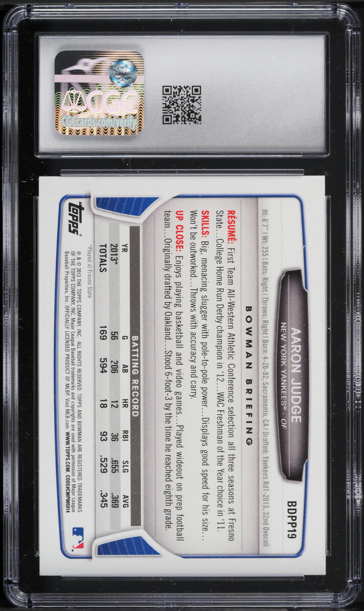 2013 Bowman Draft Picks & Prospects Aaron Judge #BDPP19 CGC 9 MINT