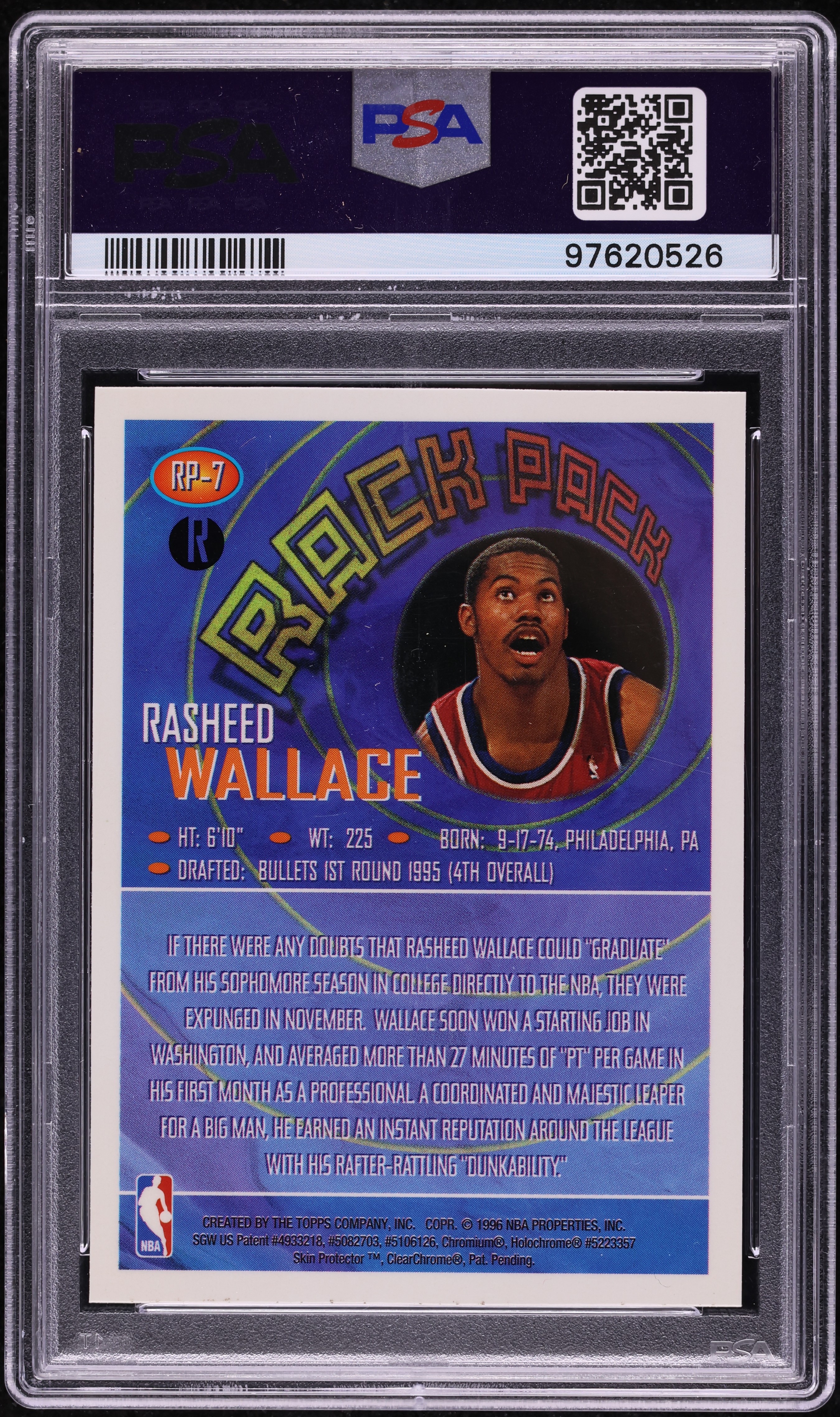 1995 Finest Rack Pack Refractor w/ Coating Rasheed Wallace RC #RP7