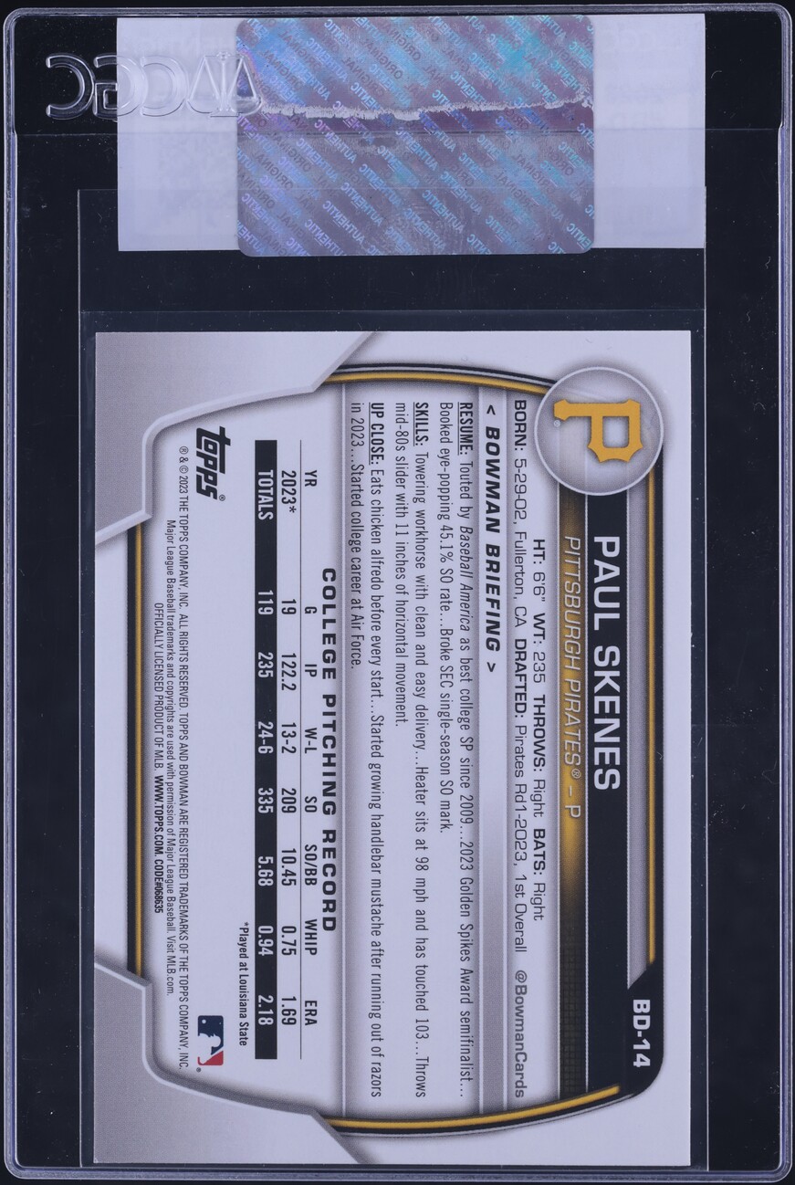 2023 Bowman Draft Paul Skenes PROSPECT #BD-14 CGC AUTH
