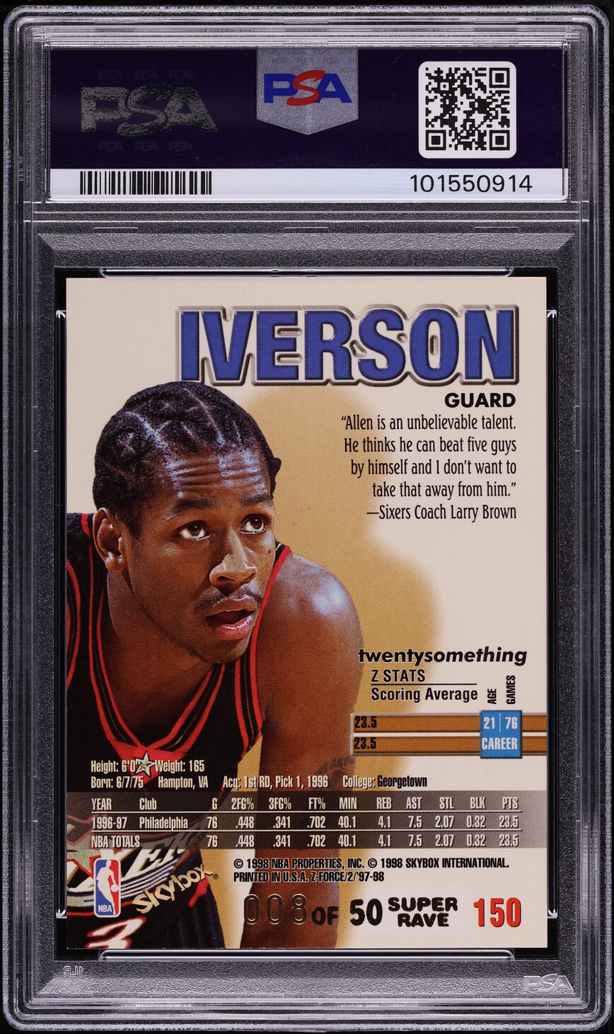 1997 Skybox Z-Force Super Rave Allen Iverson /50 #150 PSA 8 NM-MT