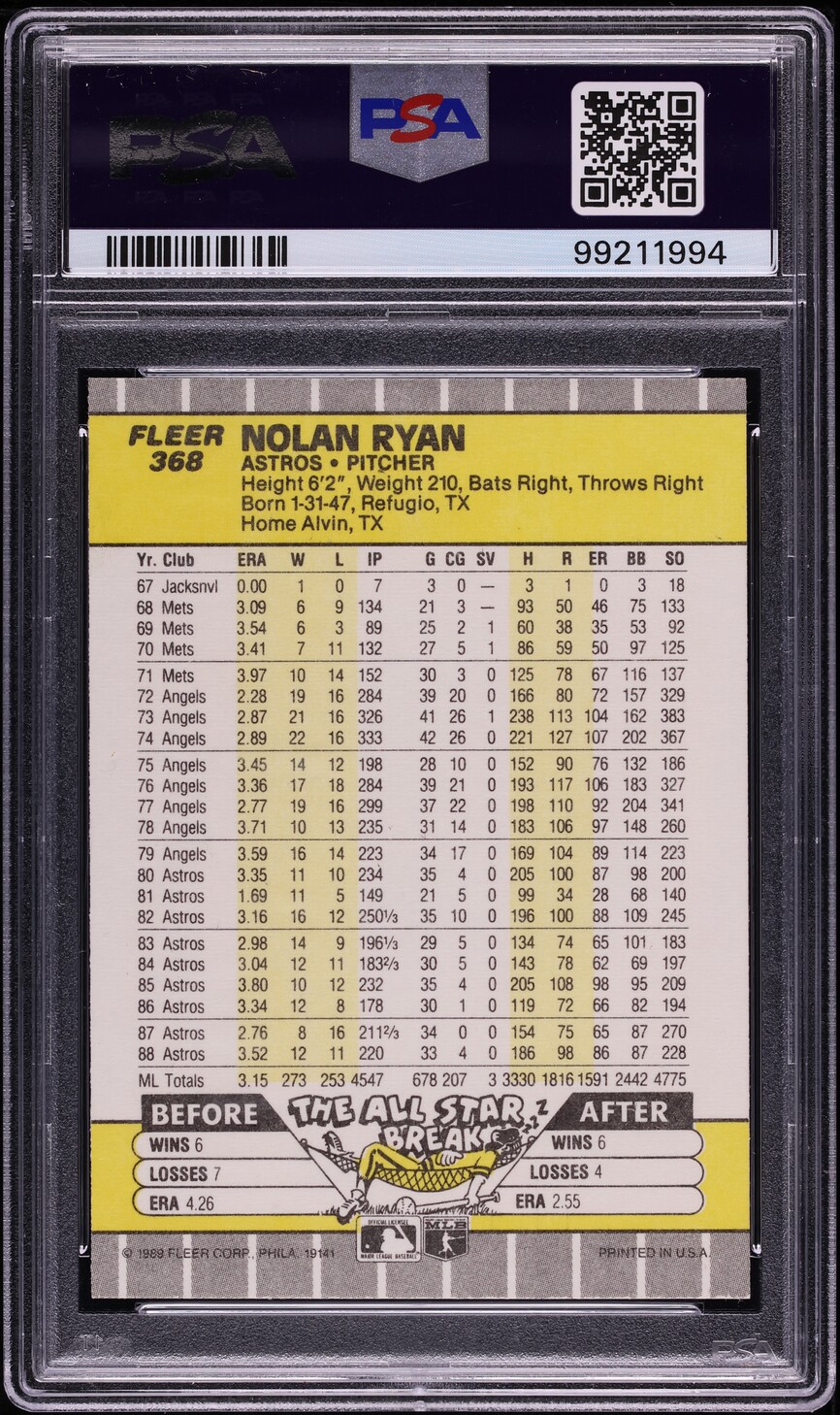 1989 Fleer Nolan Ryan #368 PSA 10 GEM MINT