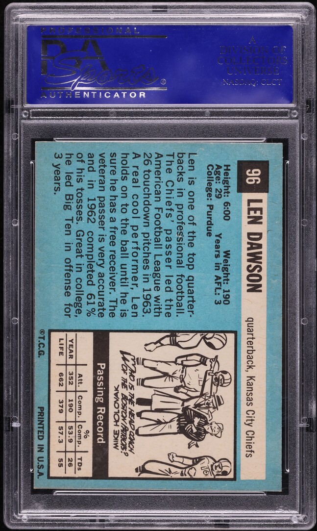 1964 Topps Football Len Dawson SP ROOKIE #96 PSA 7 NRMT