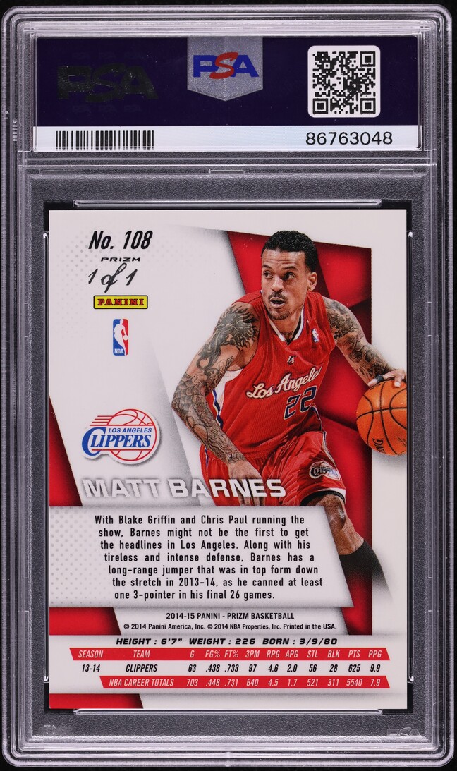 2014 Panini Prizm Black Pulsar Matt Barnes 1/1 #108 PSA 9 MINT on