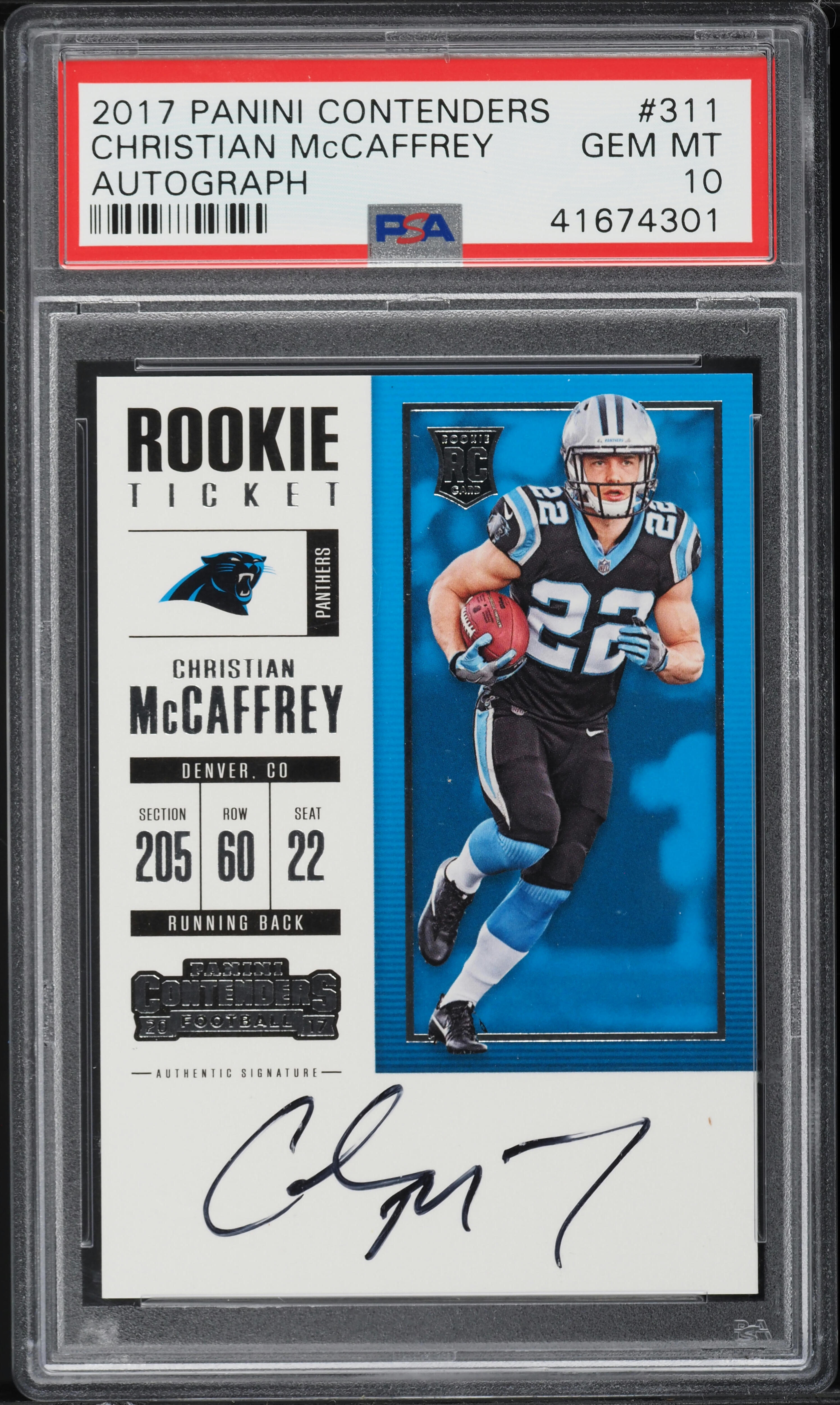 2017 Panini Contenders Christian McCaffrey ROOKIE AUTO #311 PSA 10