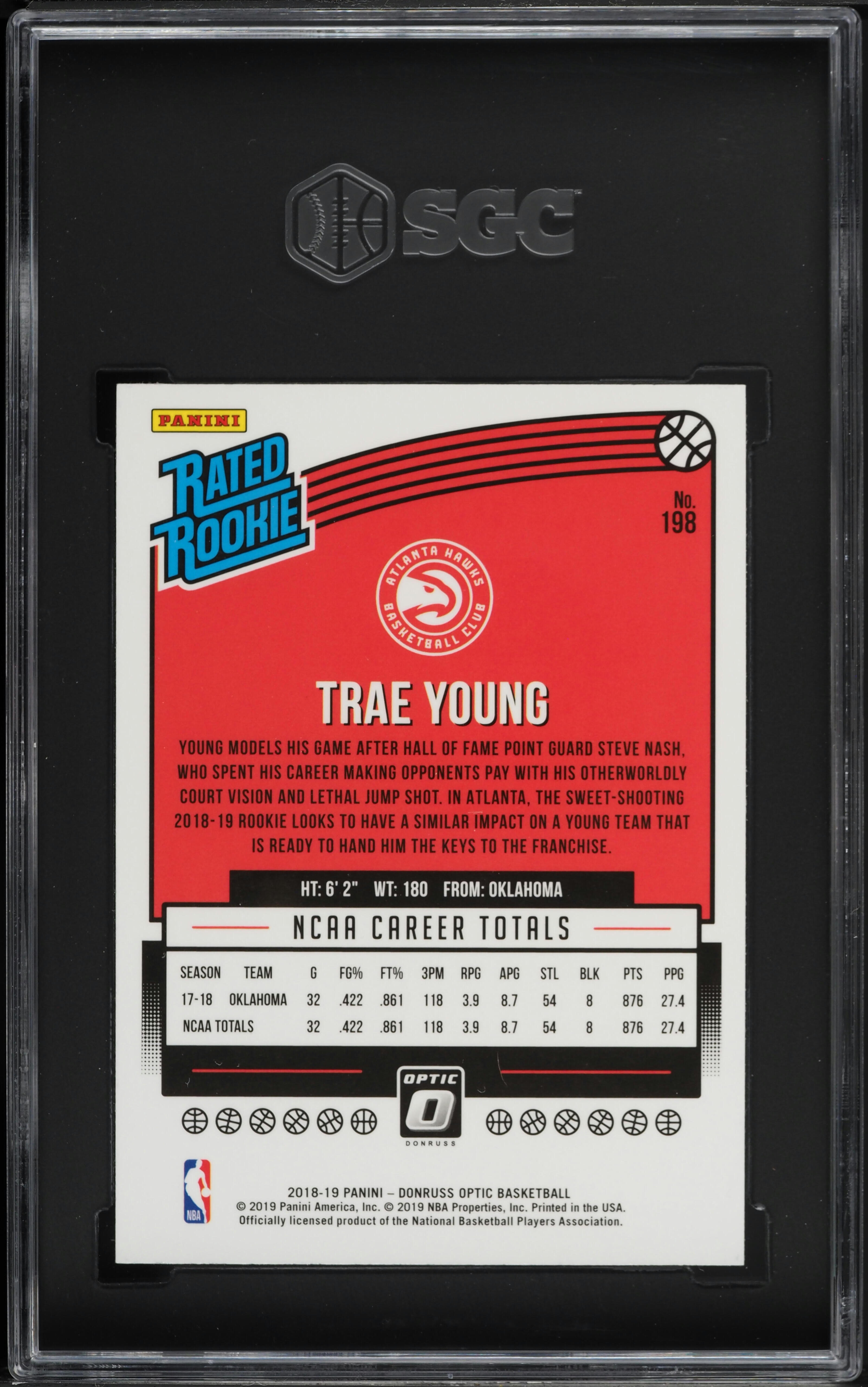 2018 Donruss Optic Trae Young ROOKIE #198 SGC 10 GEM MINT on
