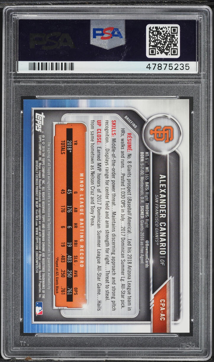 2019 Bowman Chrome Alexander Canario PROSPECT AUTO #CPA-AC PSA 9 MINT