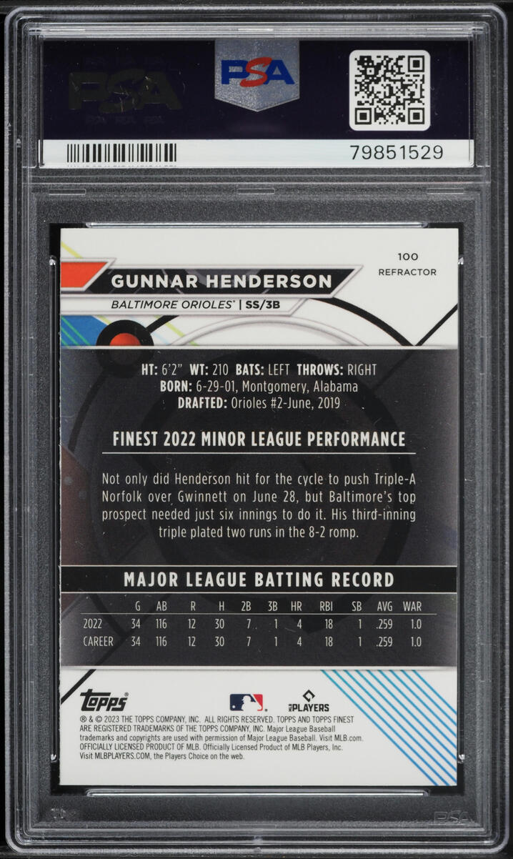 2023 Finest Refractor Gunnar Henderson ROOKIE #100 PSA 10 GEM MINT