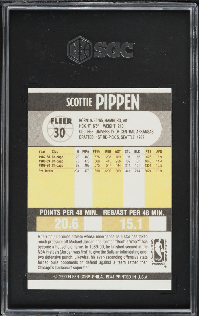 1990 Fleer Basketball Scottie Pippen #30 SGC 9.5 MINT+