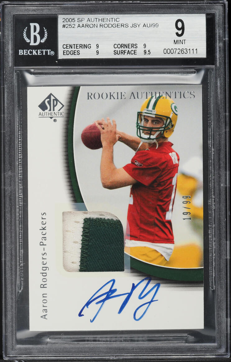 2005 SP Authentic Aaron Rodgers ROOKIE PATCH AUTO /99 #252 BGS 9 MINT