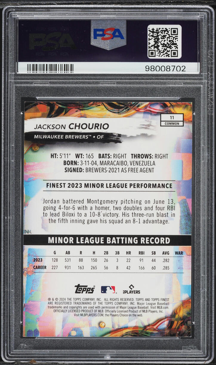2024 Finest Jackson Chourio ROOKIE #11 PSA 10 GEM MINT