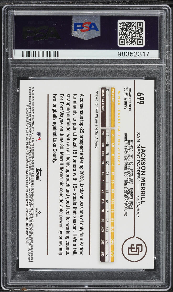 2024 Topps All Star Game Exclusive Jackson Merrill ROOKIE #699 PSA 10 GEM MINT