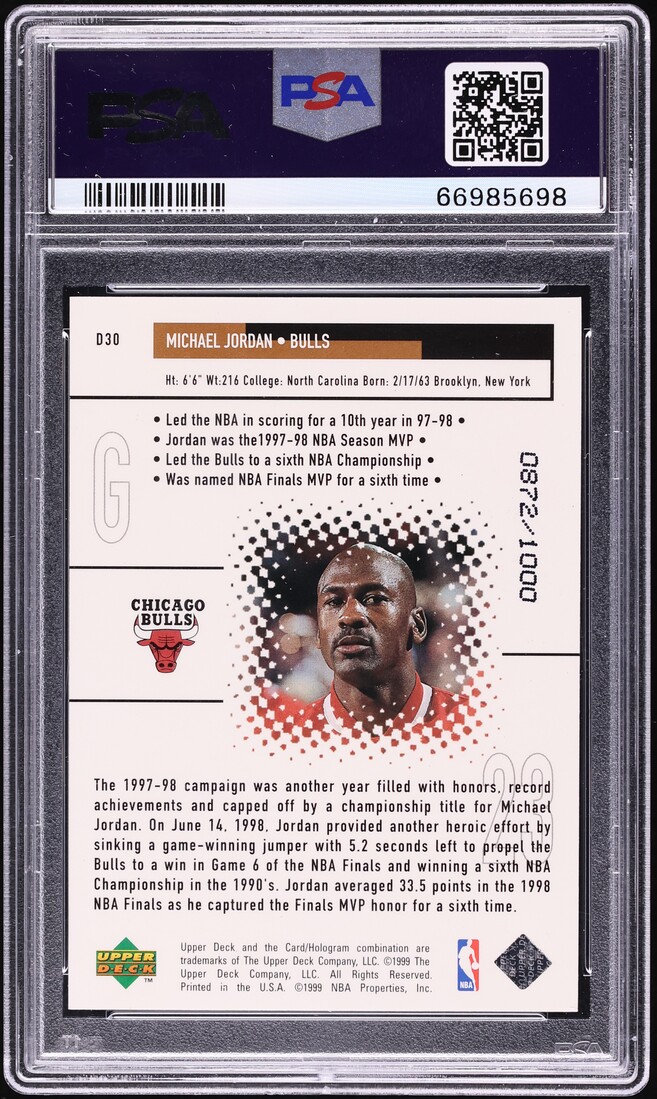 1998 Black Diamond Dominance Michael Jordan /1000 #D30 PSA 9 MINT