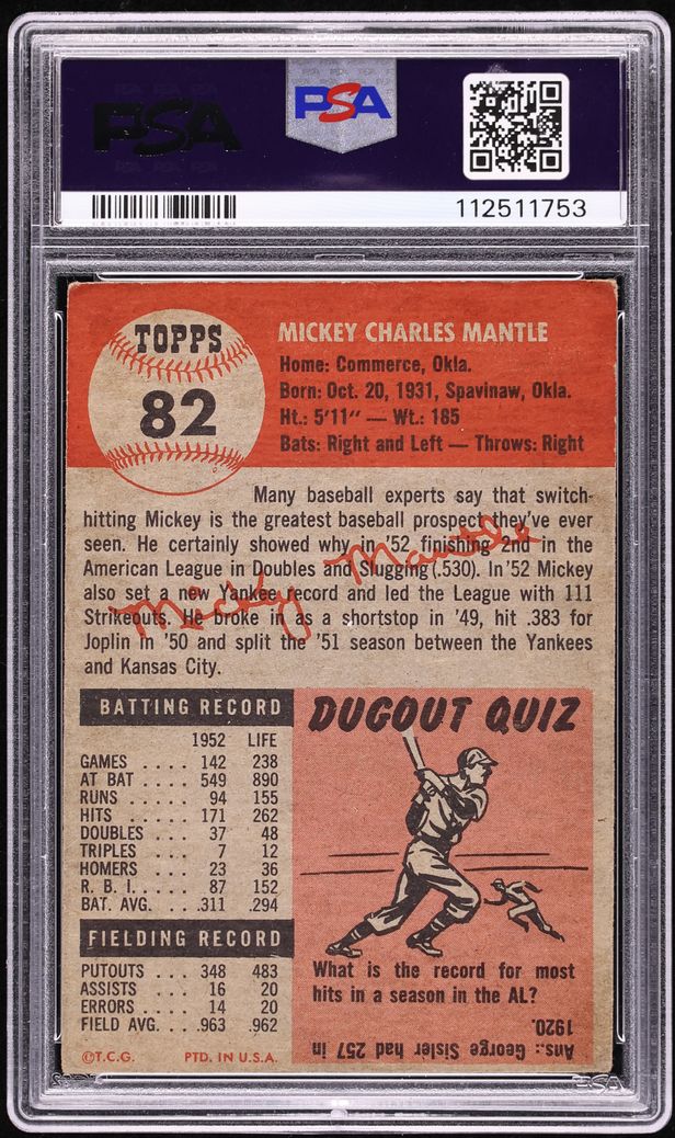 1953 Topps Mickey Mantle SHORT PRINT #82 PSA 1 PR