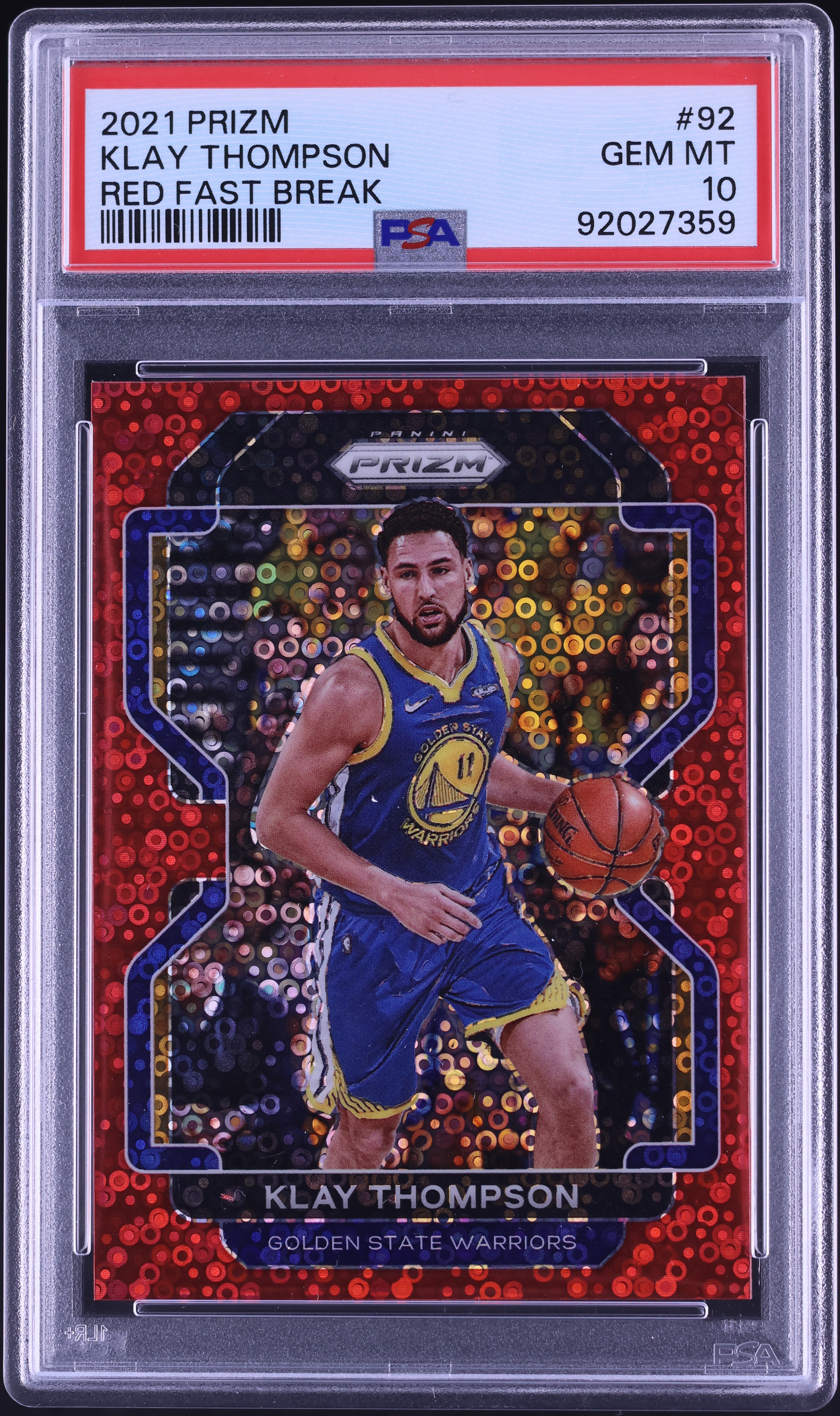 2021 Panini Prizm Red Fast Break Klay Thompson /100 #92 PSA 10 GEM
