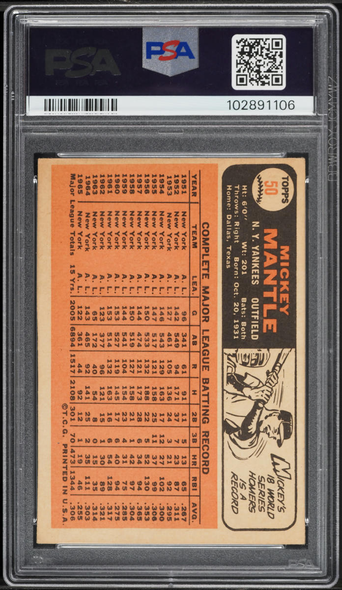 1966 Topps Mickey Mantle #50 PSA 3 VG