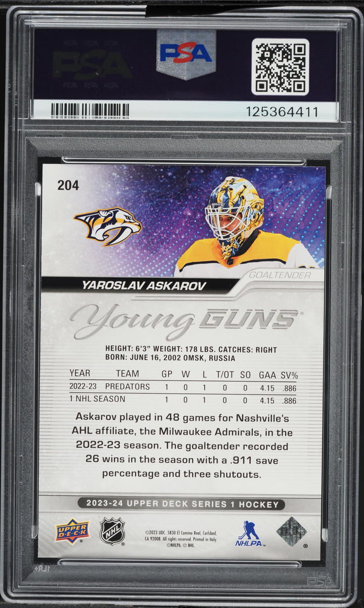 2023 Upper Deck Young Guns Yaroslav Askarov ROOKIE #204 PSA 10 GEM MINT