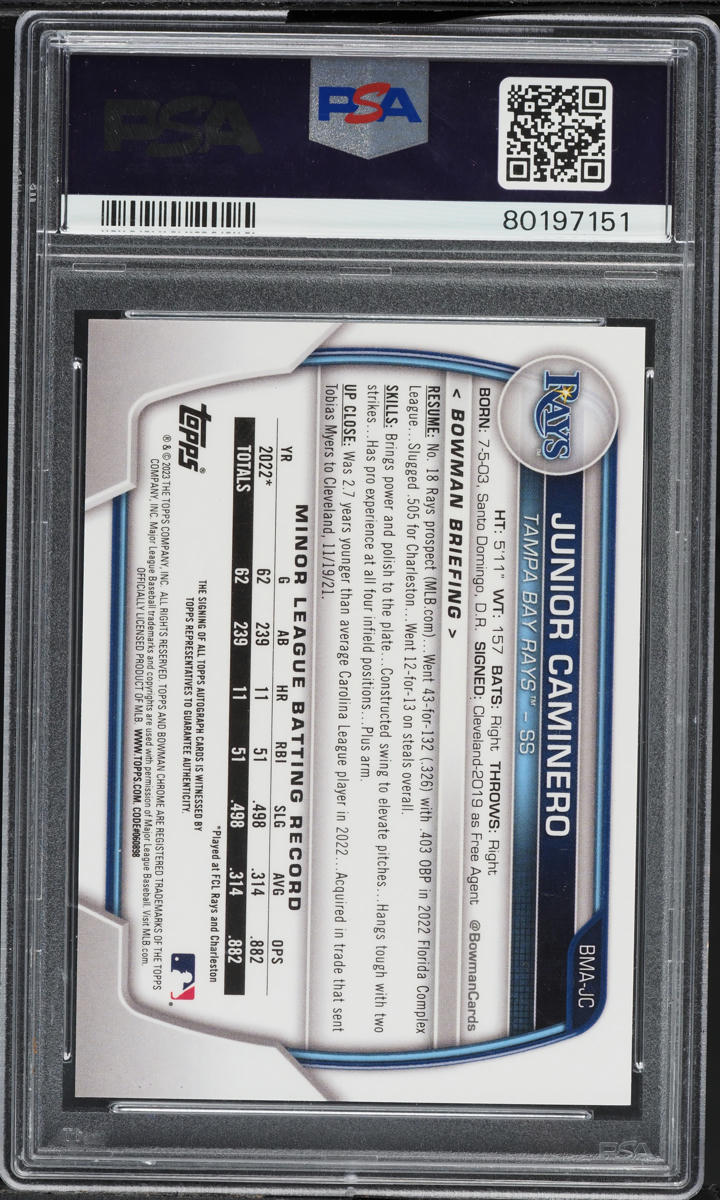 2023 Bowman Chrome Mega Box Junior Caminero PROSPECT AUTO #BMA-JC PSA 10