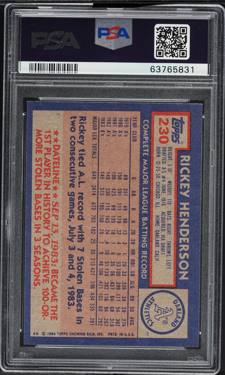 1984 Topps Rickey Henderson #230 PSA 10 GEM MINT