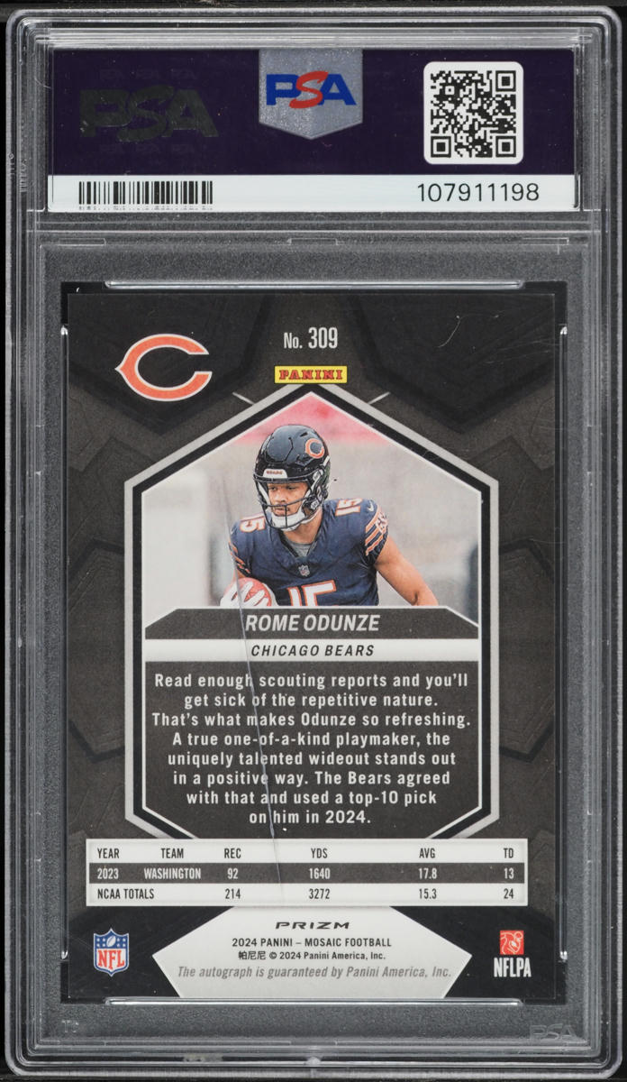 2024 Panini Mosaic Prizm Rome Odunze ROOKIE AUTO #309 PSA 9 MINT