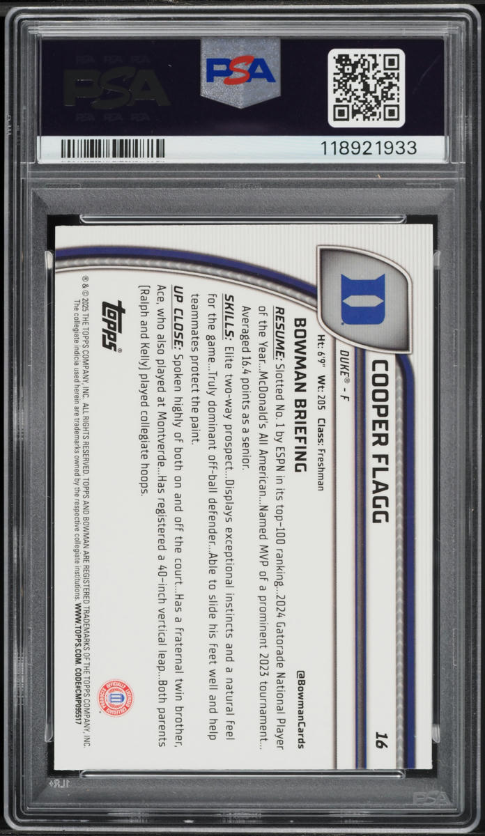 2024 Bowman Chrome University Aqua Wave Cooper Flagg ROOKIE /299 #16 PSA 9 MINT