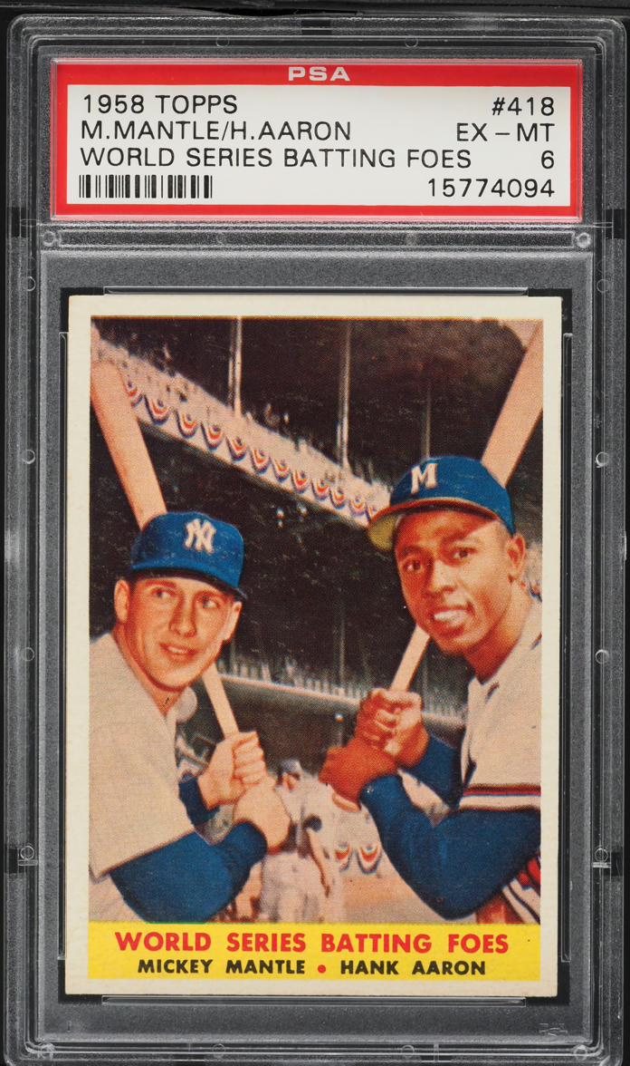 1958 Topps World Series Batting Foes Mickey Mantle Hank Aaron #418 PSA 6 EXMT