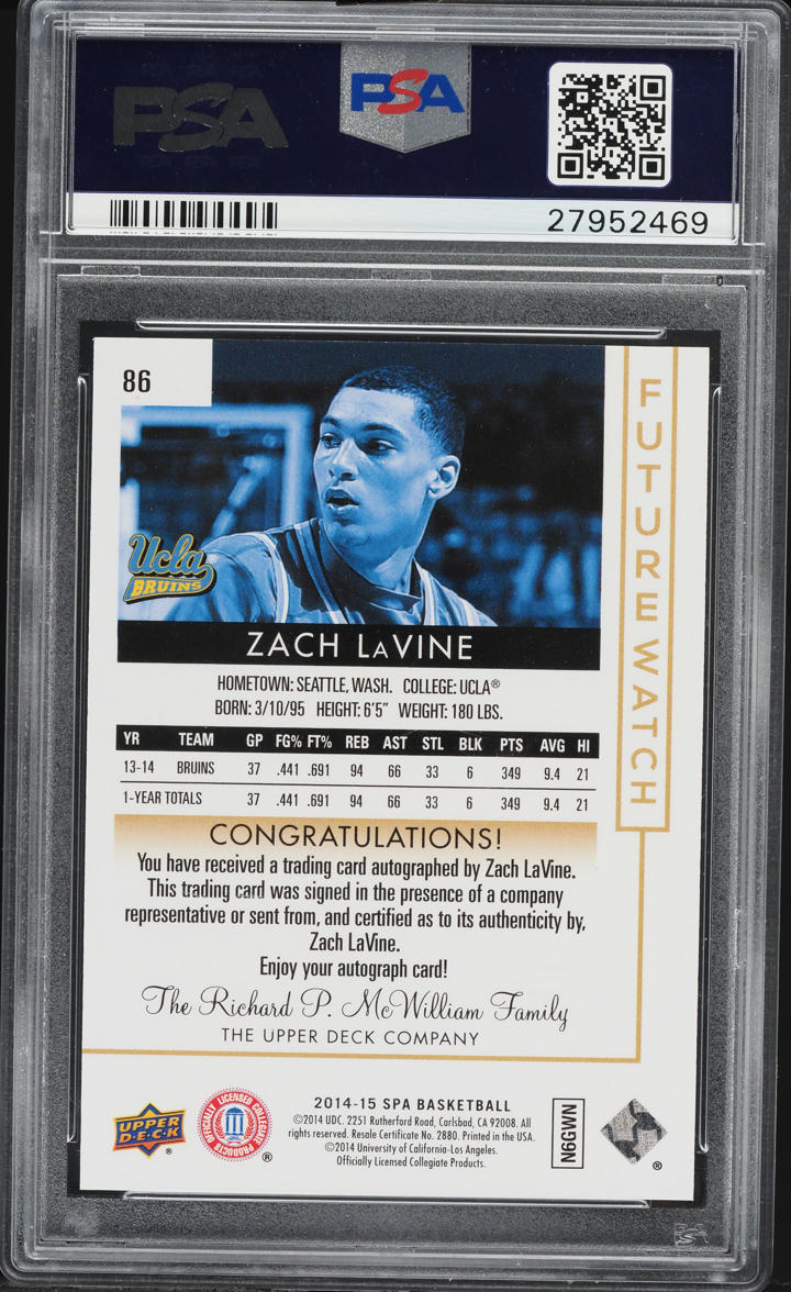 2014 SP Authentic Zach Lavine ROOKIE AUTO /475 #86 PSA 10 GEM MINT